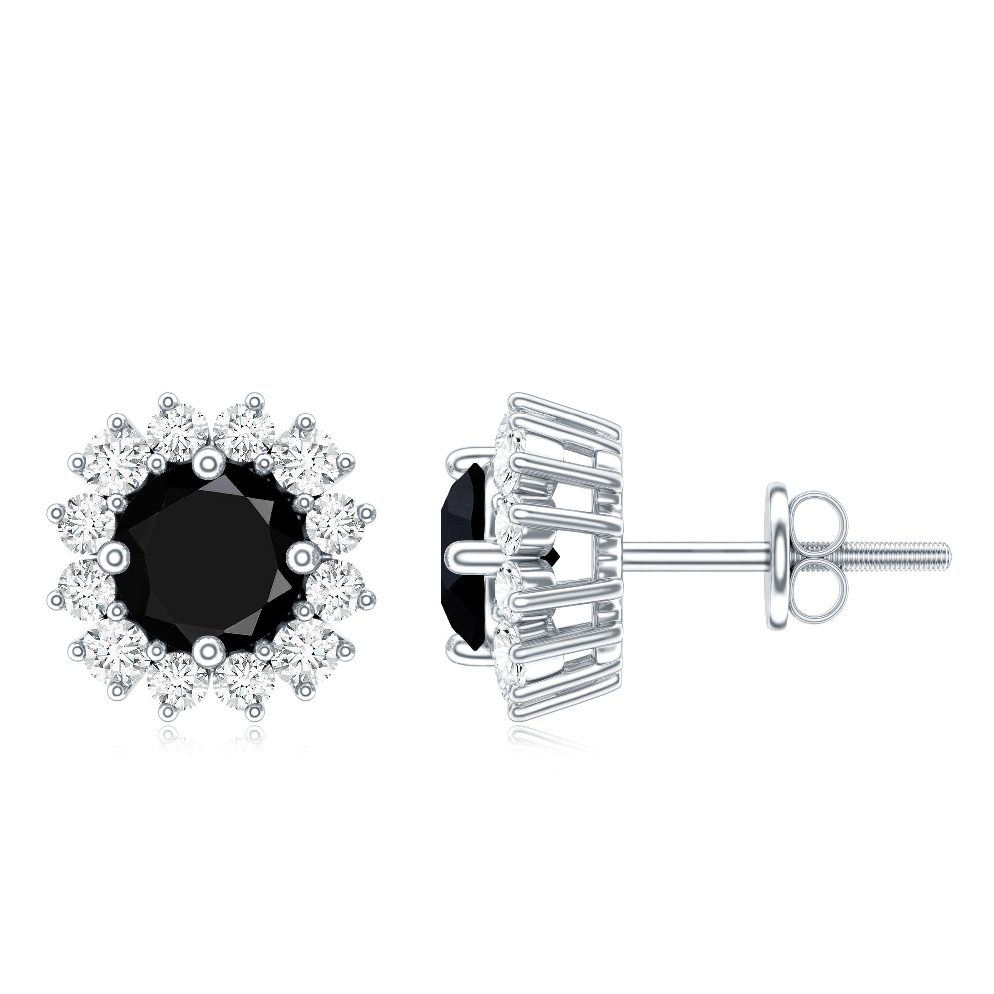 Certified Natural Black Onyx Stud Earrings with Diamond Halo AAA - Rosec Jewels