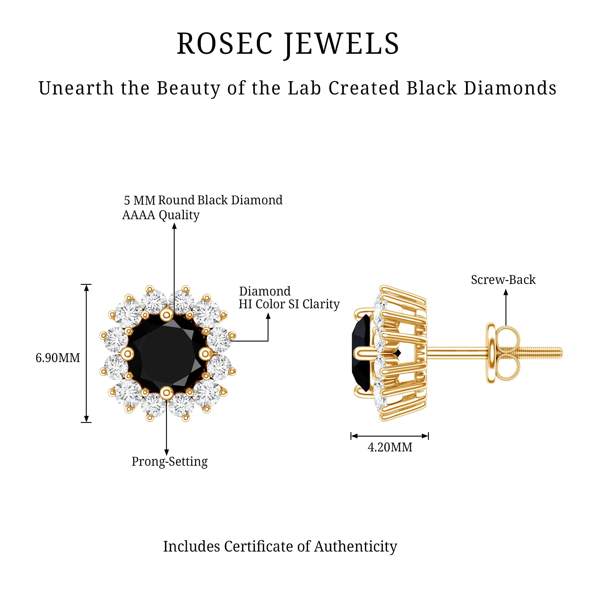 Round Lab Created Black and White Diamond Halo Stud Earrings AAAA ( Synthetic ) - Rosec Jewels