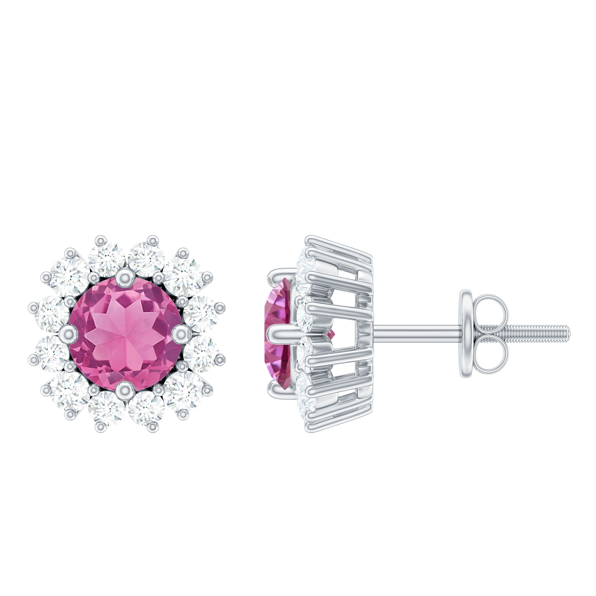 Genuine Pink Tourmaline and Diamond Halo Stud Earrings AAA - Rosec Jewels