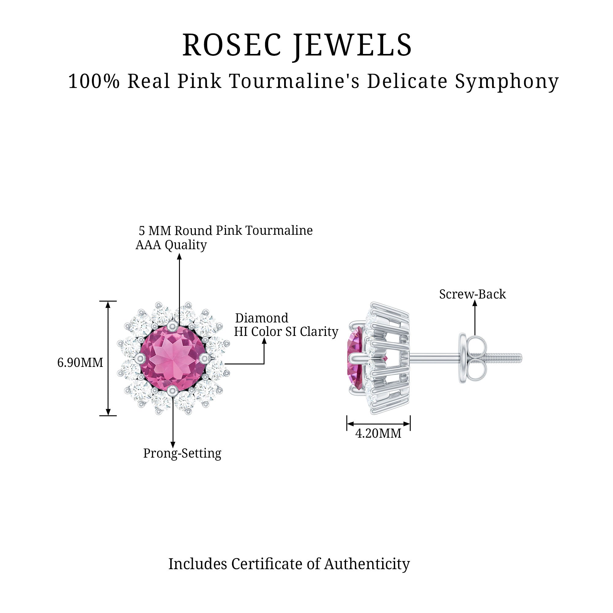 Genuine Pink Tourmaline and Diamond Halo Stud Earrings AAA - Rosec Jewels