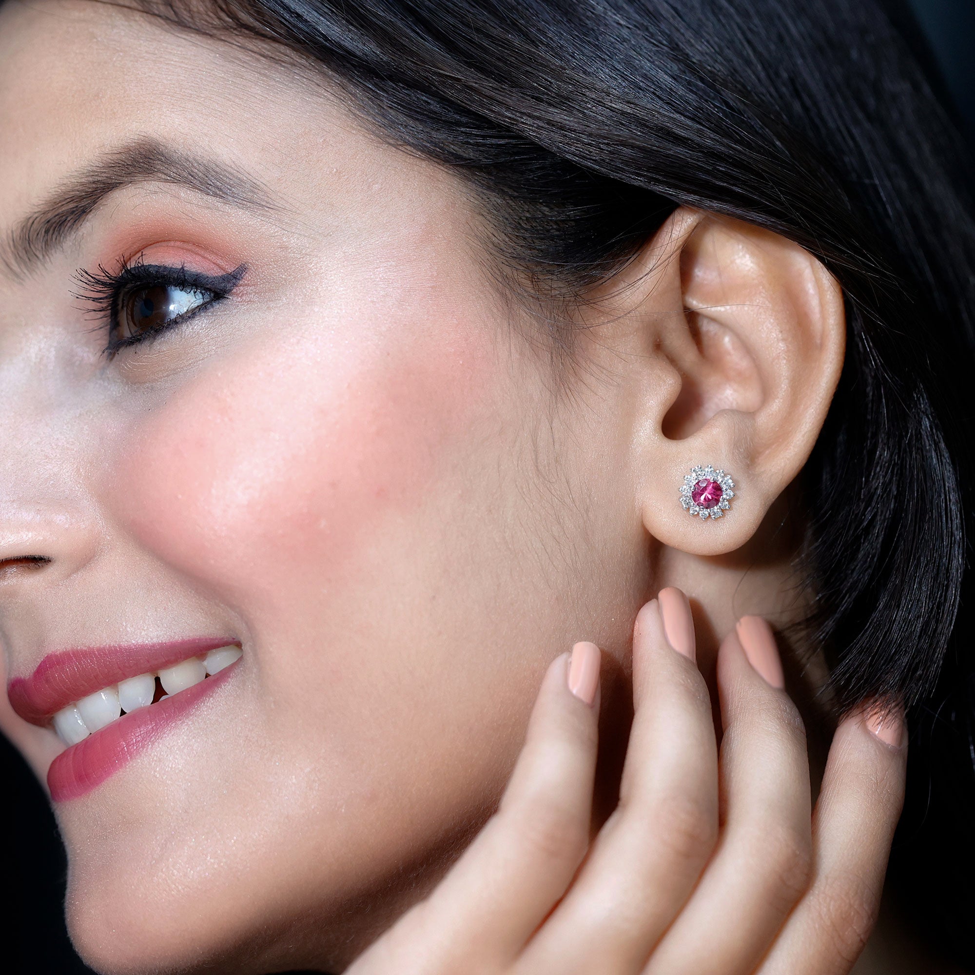 Genuine Pink Tourmaline and Diamond Halo Stud Earrings AAA - Rosec Jewels