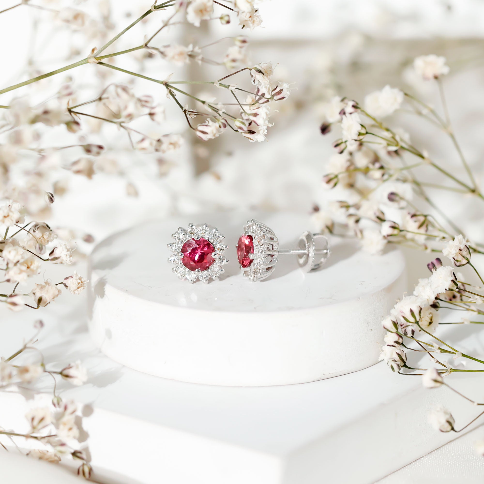 Genuine Pink Tourmaline and Diamond Halo Stud Earrings AAA - Rosec Jewels