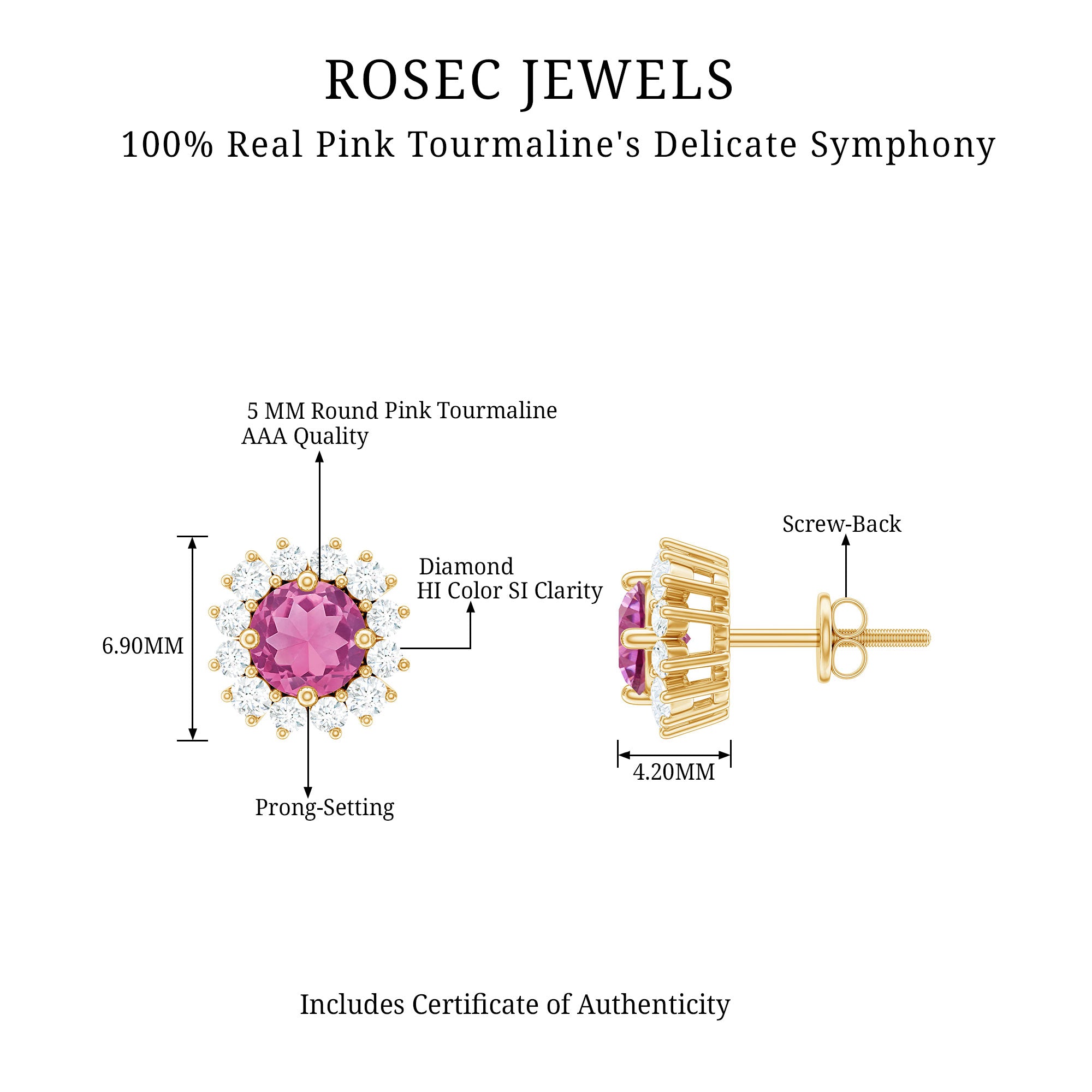 Genuine Pink Tourmaline and Diamond Halo Stud Earrings AAA - Rosec Jewels