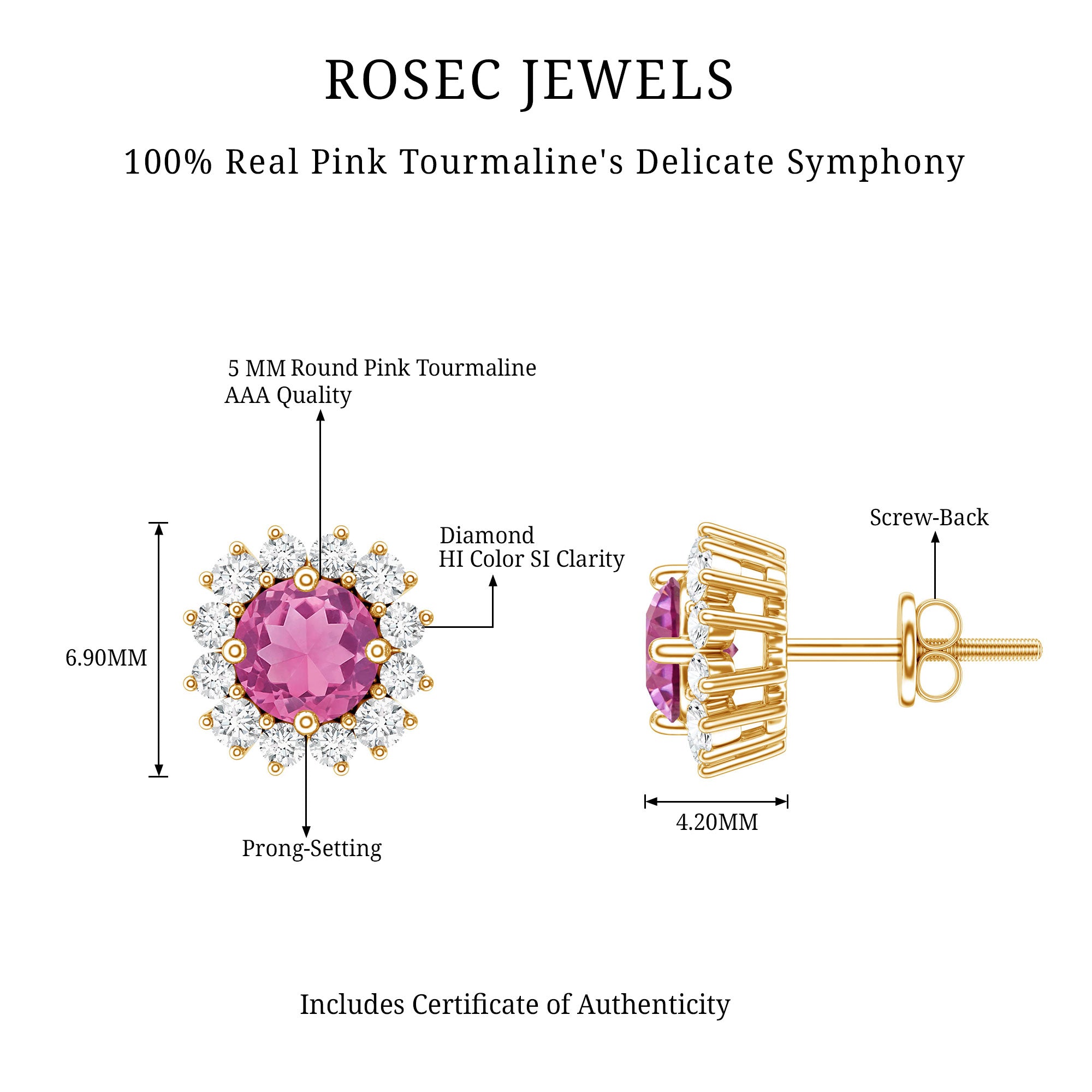 Genuine Pink Tourmaline and Diamond Halo Stud Earrings AAA - Rosec Jewels