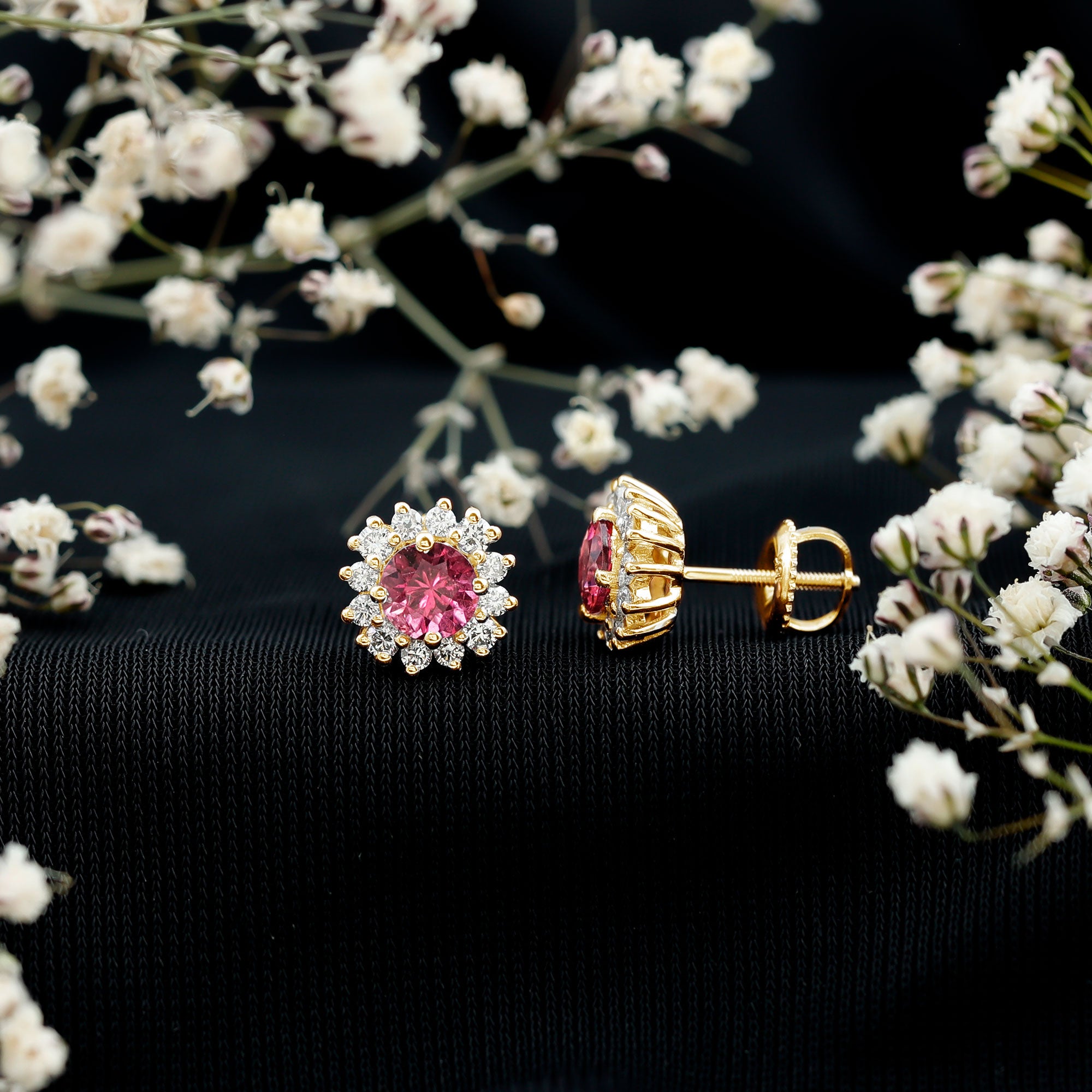 Genuine Pink Tourmaline and Diamond Halo Stud Earrings AAA - Rosec Jewels
