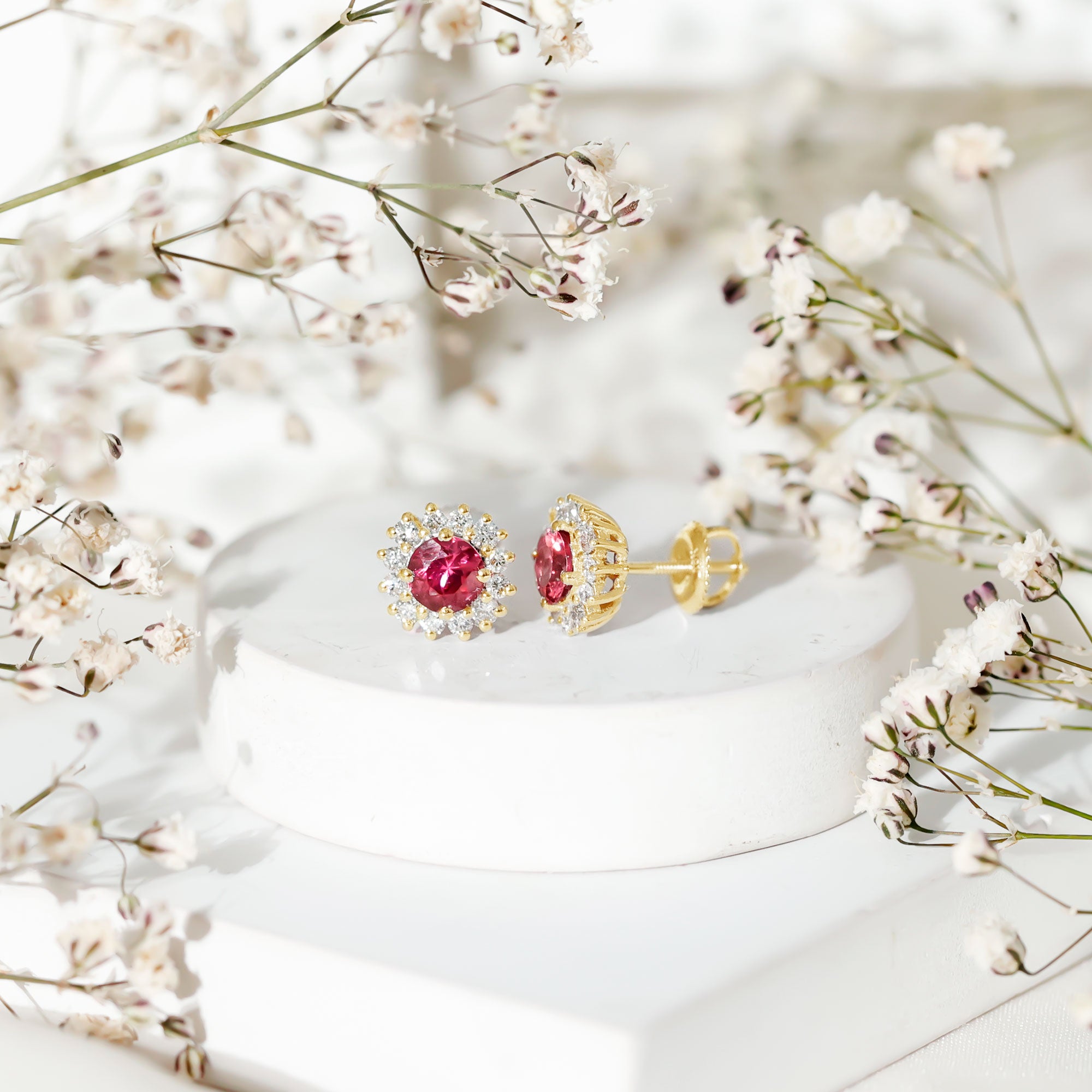 Genuine Pink Tourmaline and Diamond Halo Stud Earrings AAA - Rosec Jewels