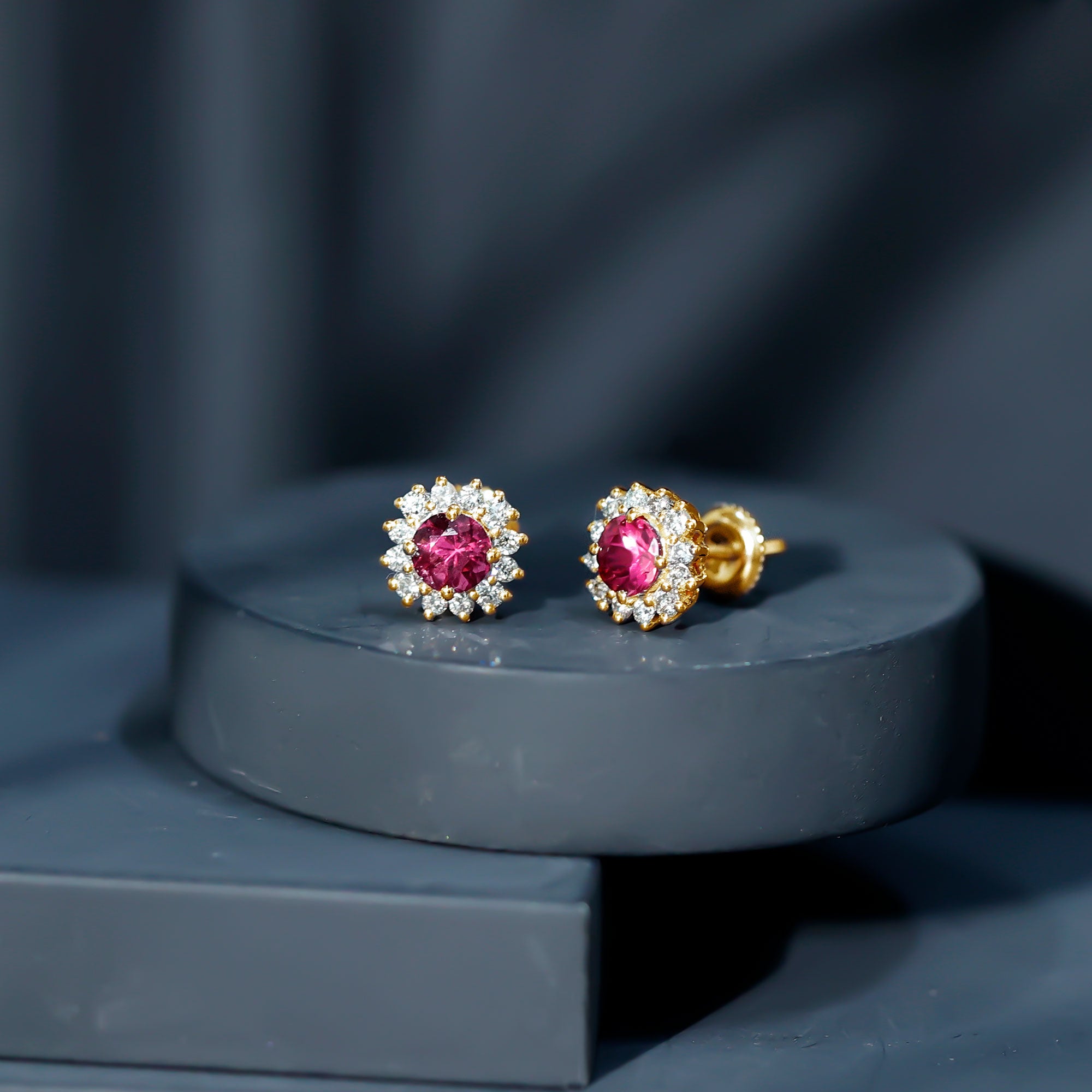 Genuine Pink Tourmaline and Diamond Halo Stud Earrings AAA - Rosec Jewels