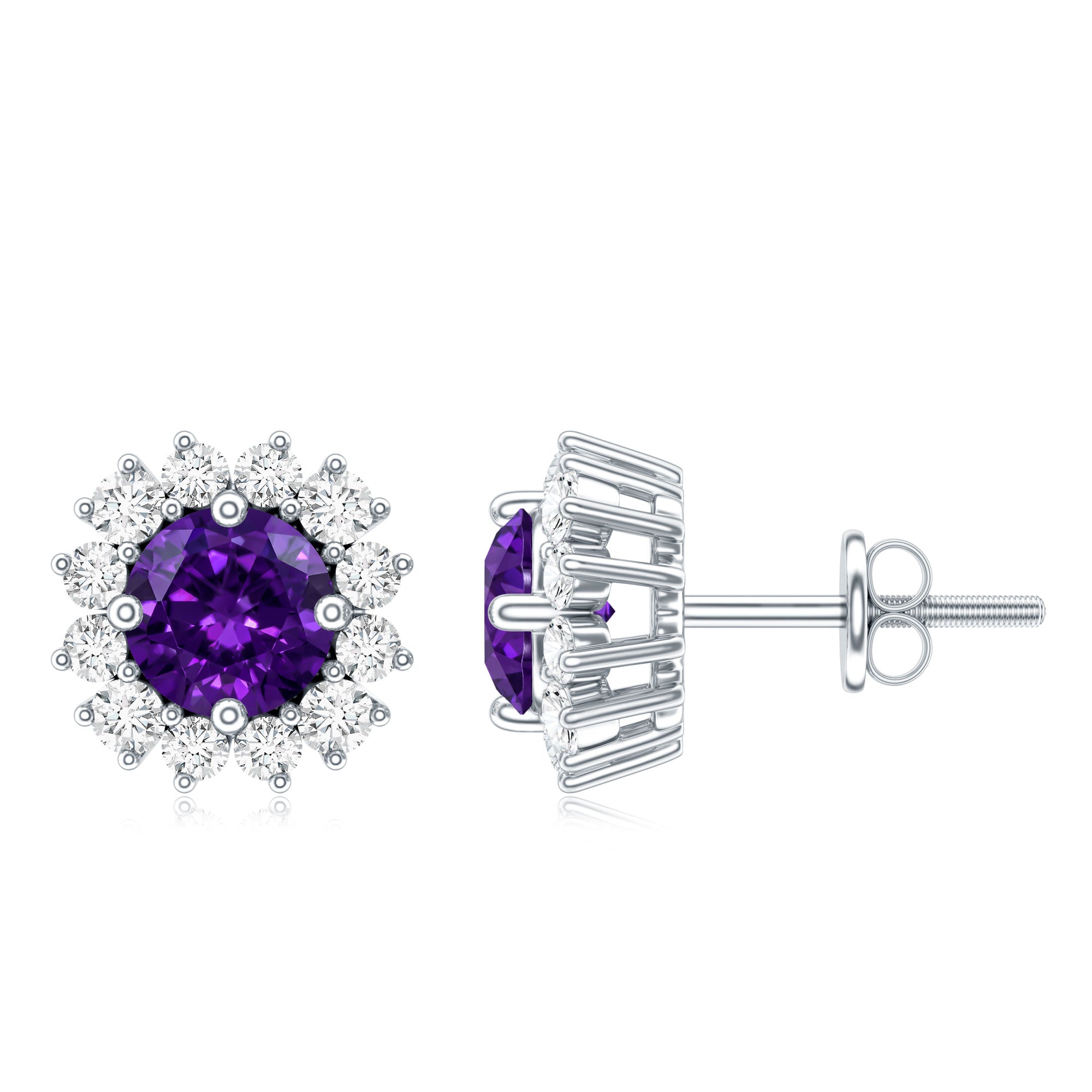 Classic Amethyst Stud Earrings with Diamond Halo AAA - Rosec Jewels