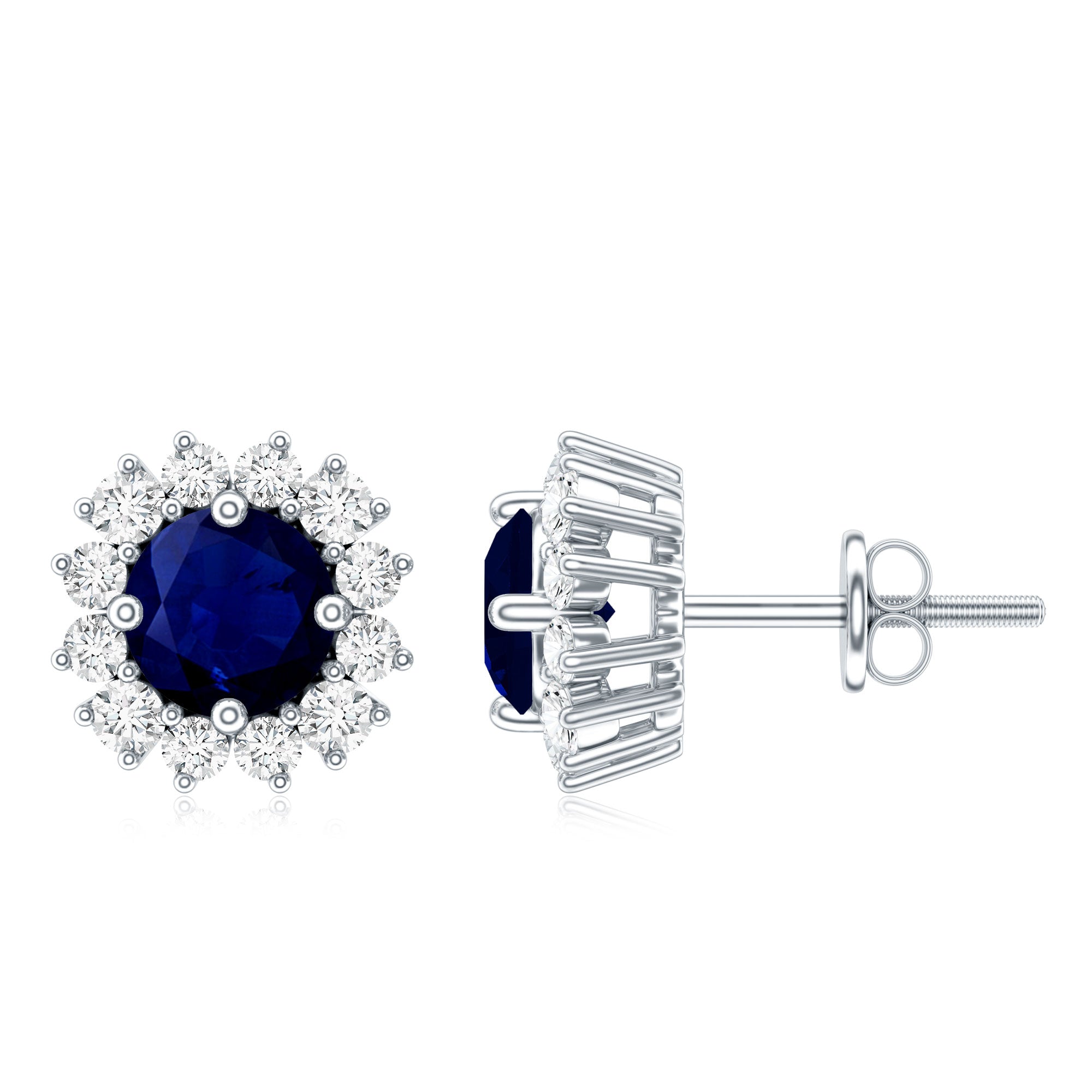 Genuine Blue Sapphire Diamond Earrings with Screw Back AAA - Rosec Jewels
