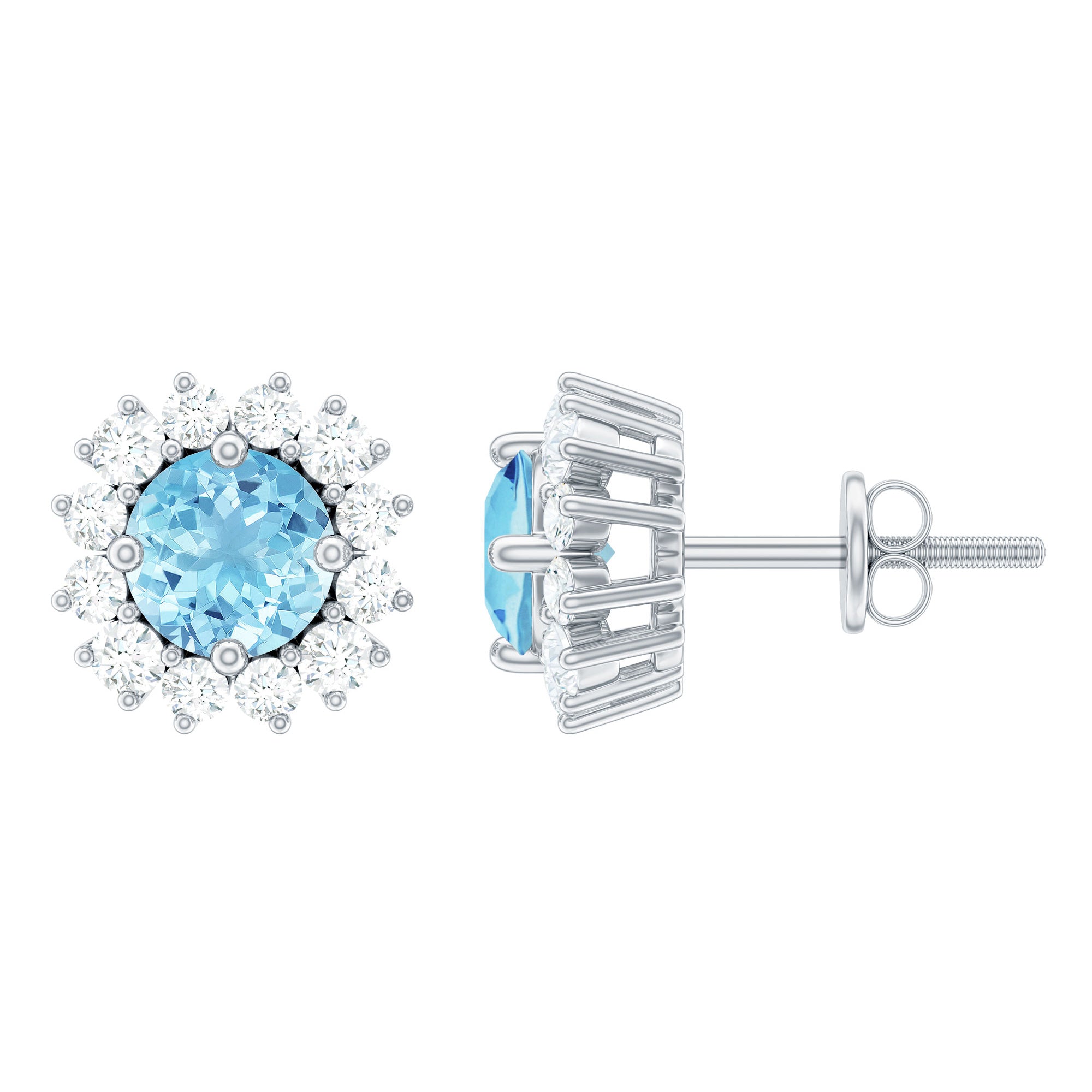 1 CT Aquamarine and Diamond Halo Stud Earrings