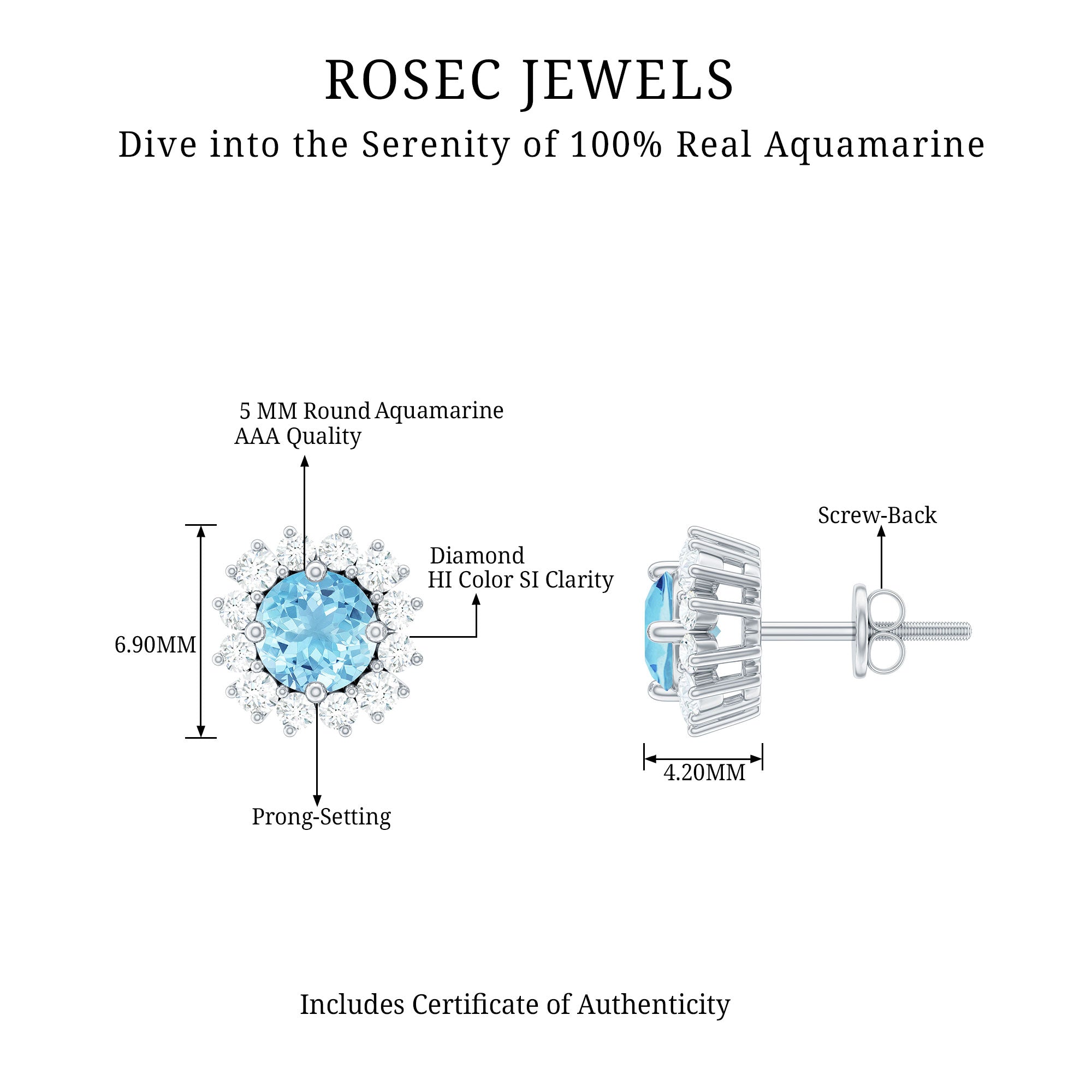 Certified Aquamarine and Diamond Halo Stud Earrings AAA - Rosec Jewels