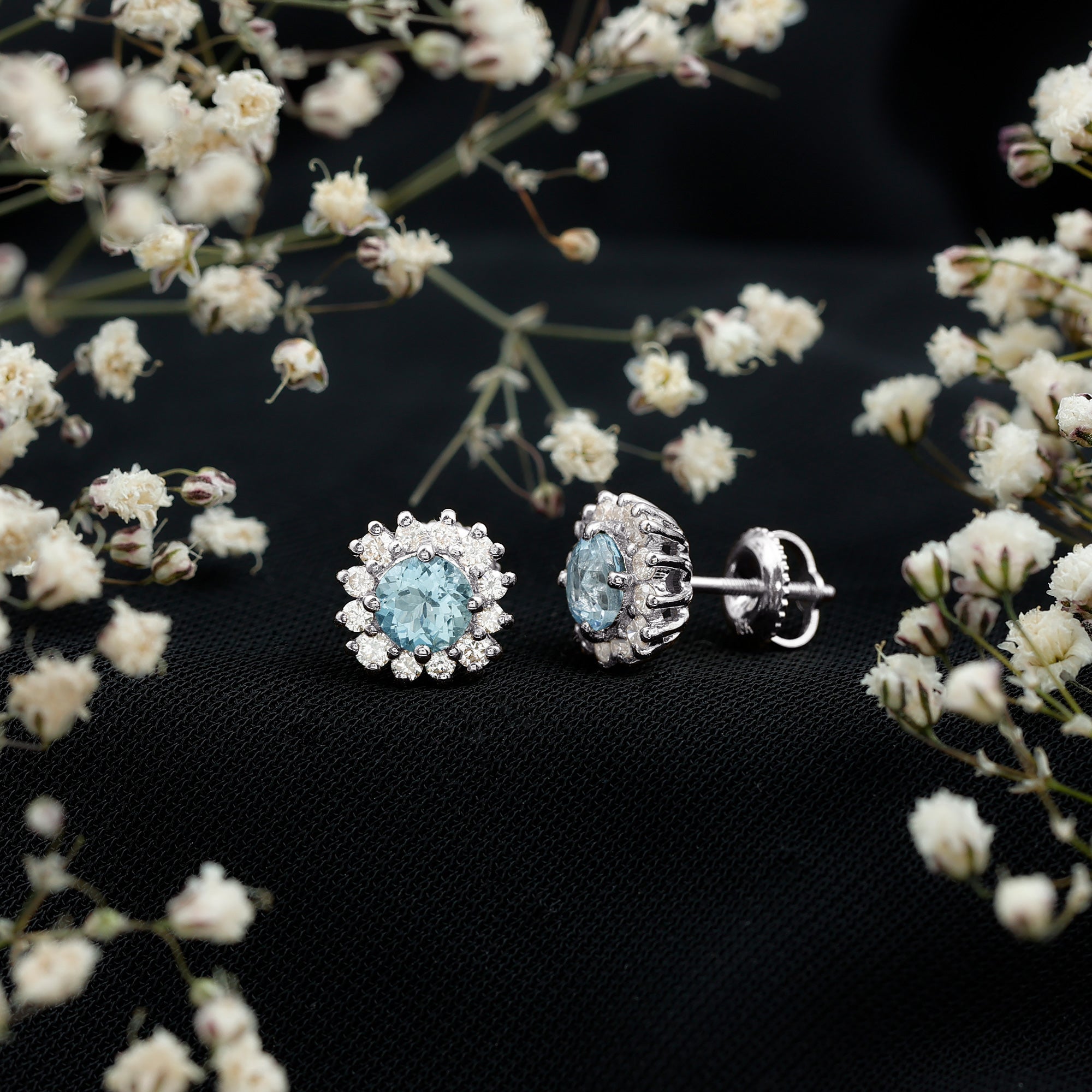 Certified Aquamarine and Diamond Halo Stud Earrings AAA - Rosec Jewels