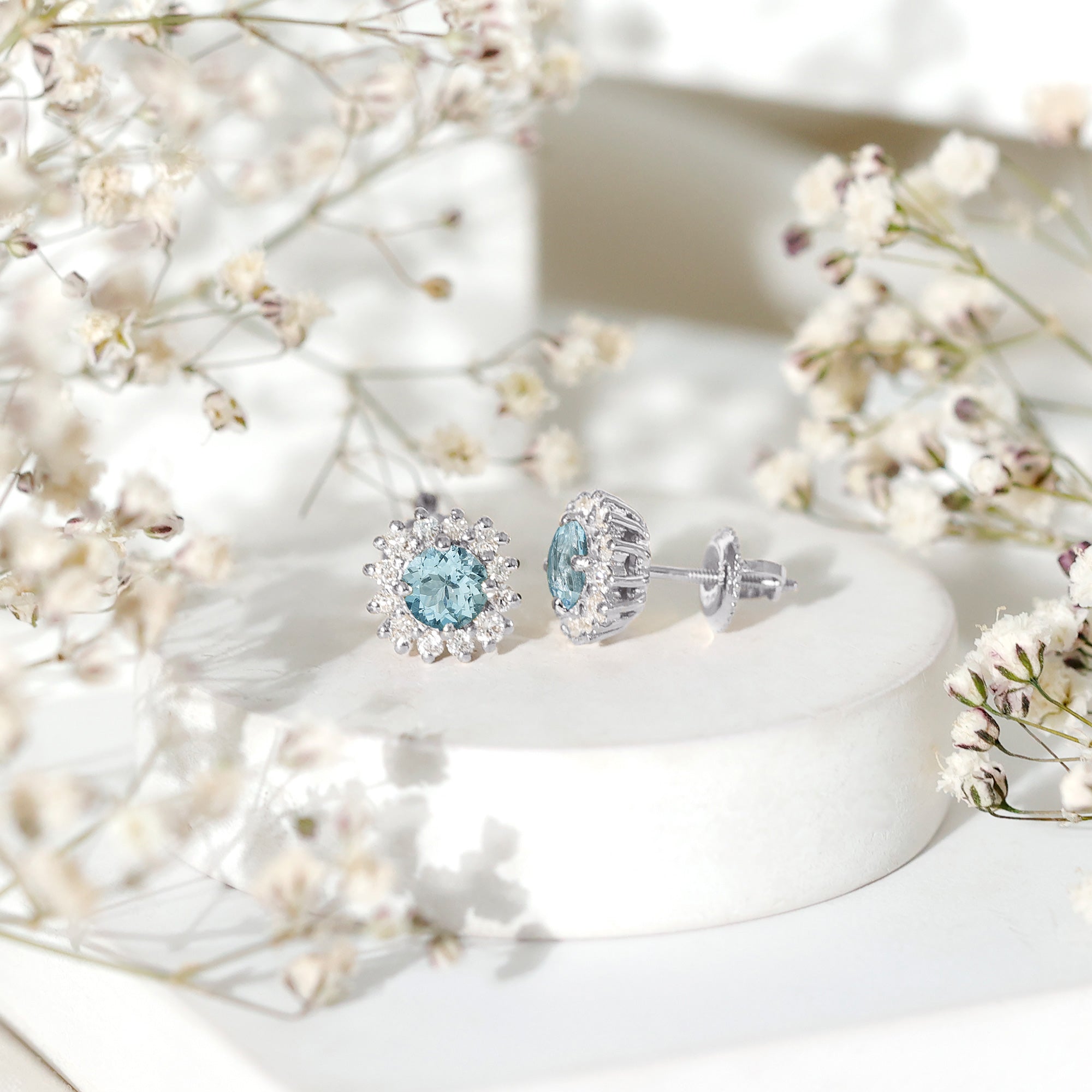 Certified Aquamarine and Diamond Halo Stud Earrings AAA - Rosec Jewels