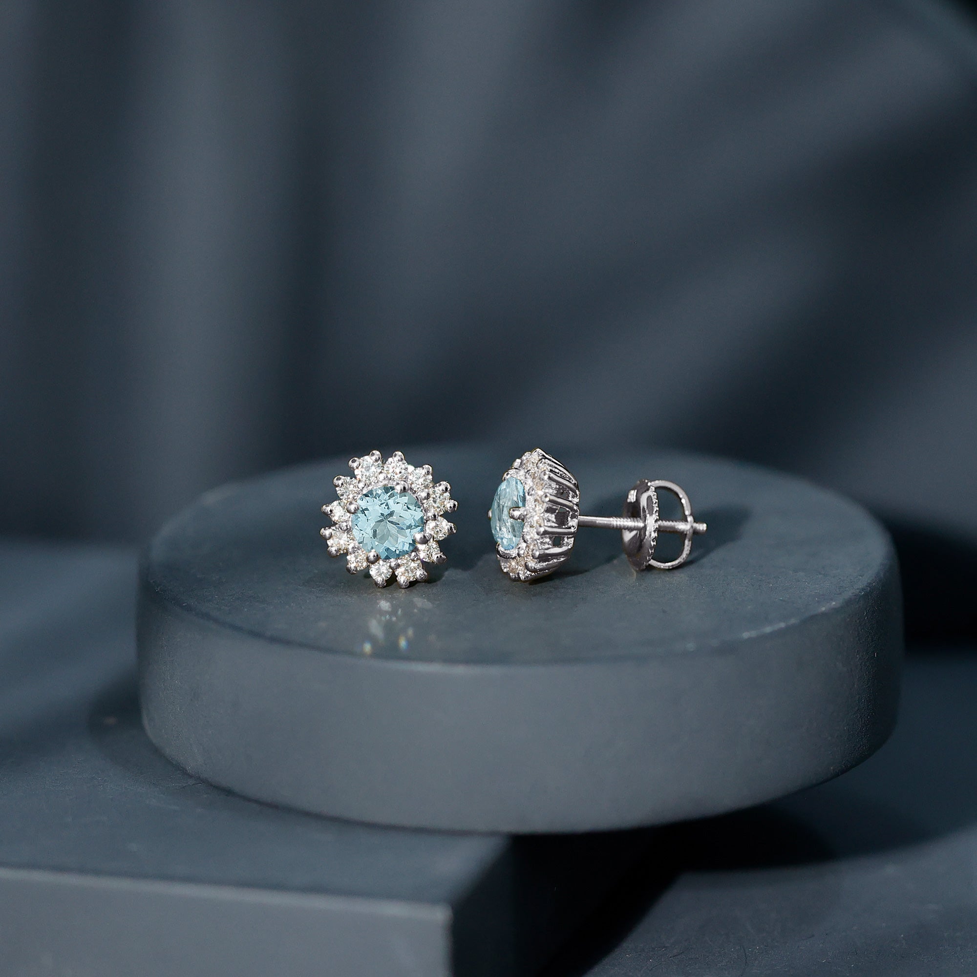 Certified Aquamarine and Diamond Halo Stud Earrings AAA - Rosec Jewels