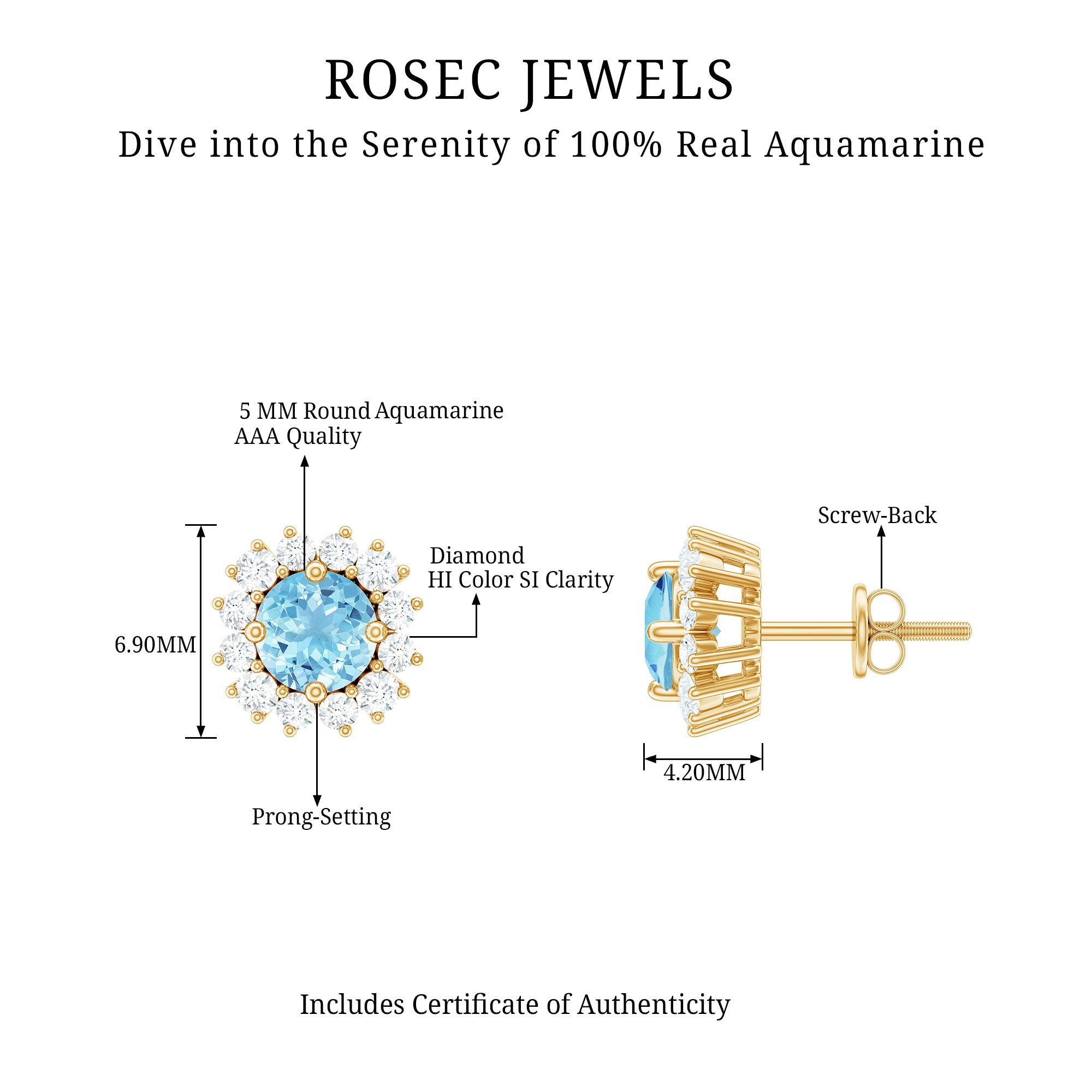 Certified Aquamarine and Diamond Halo Stud Earrings AAA - Rosec Jewels