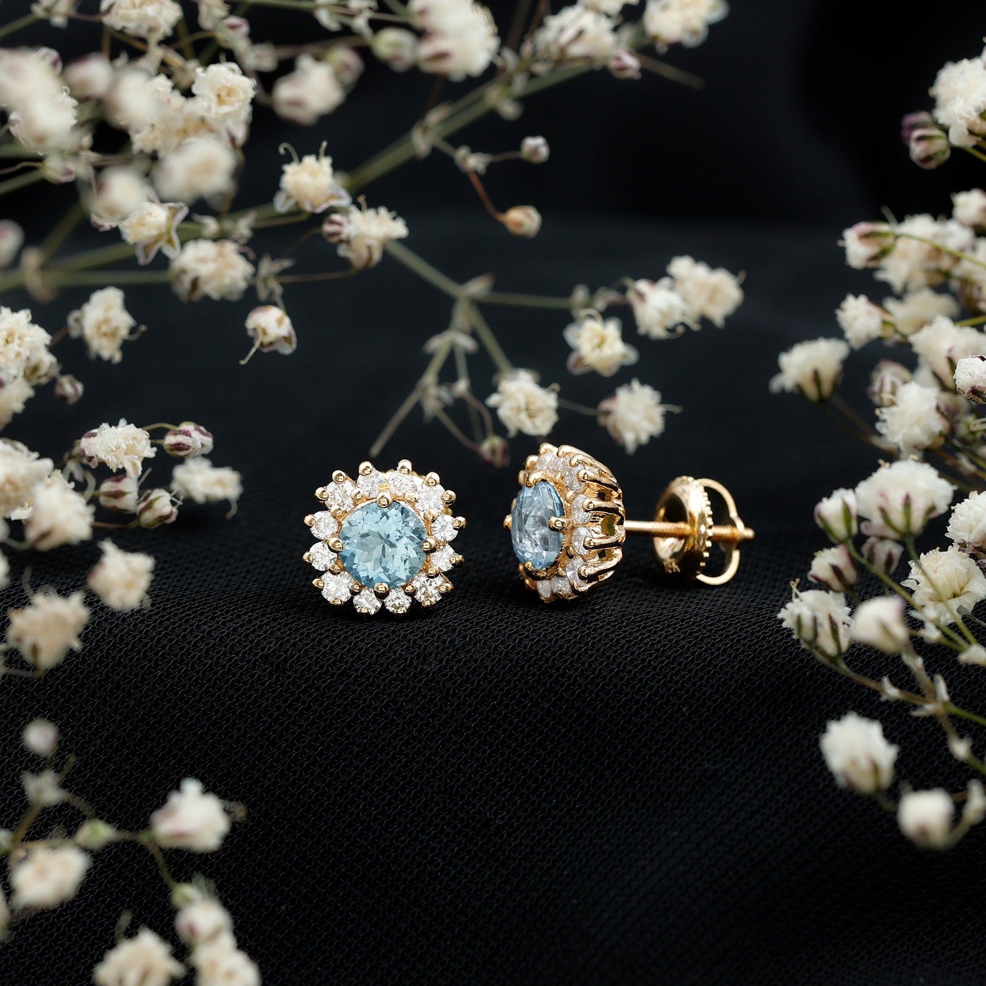 Certified Aquamarine and Diamond Halo Stud Earrings AAA - Rosec Jewels