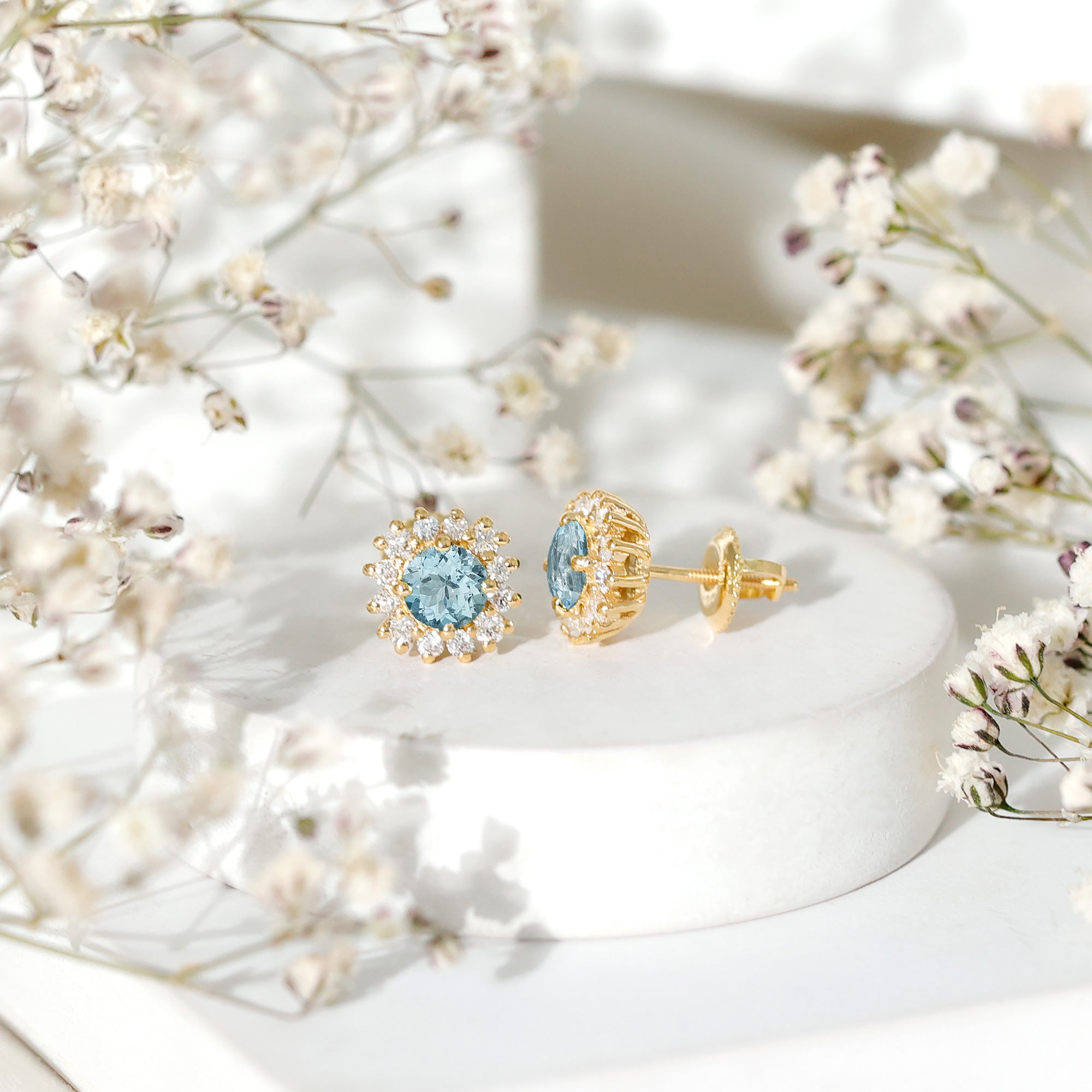 Certified Aquamarine and Diamond Halo Stud Earrings AAA - Rosec Jewels