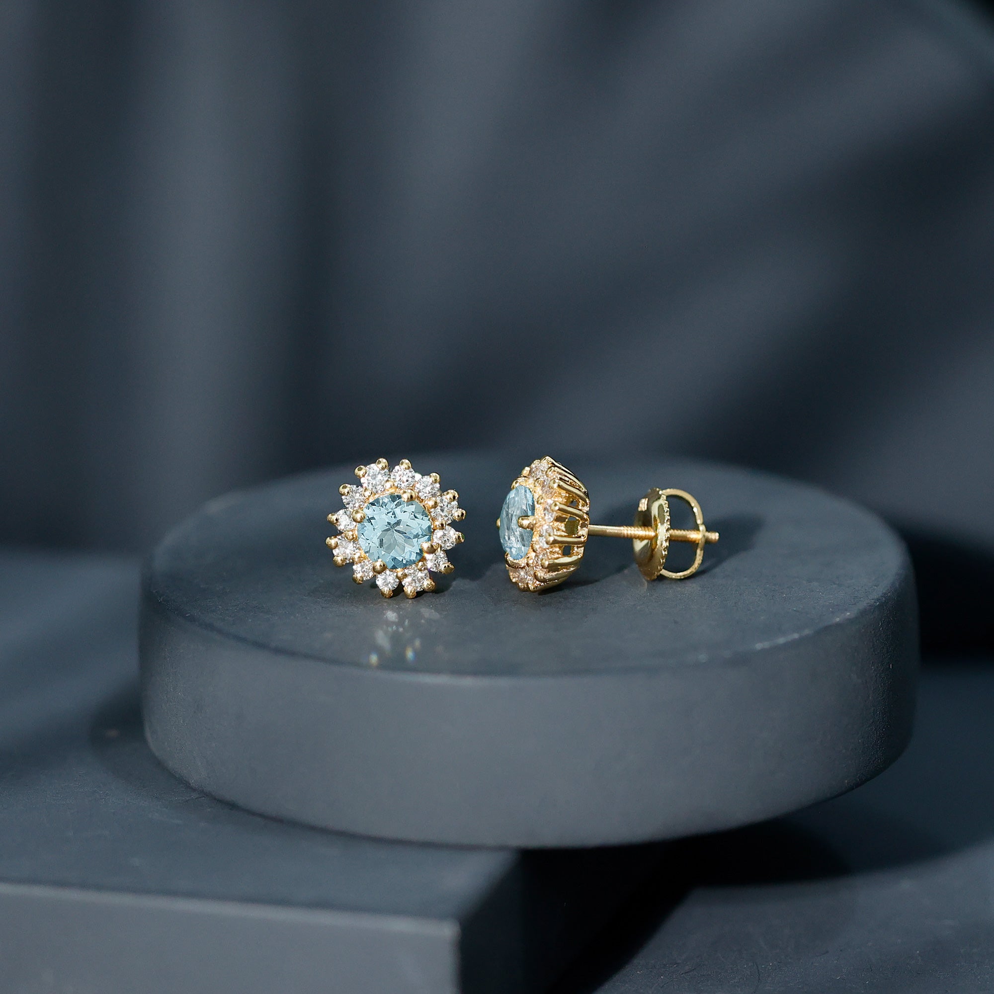 Certified Aquamarine and Diamond Halo Stud Earrings AAA - Rosec Jewels