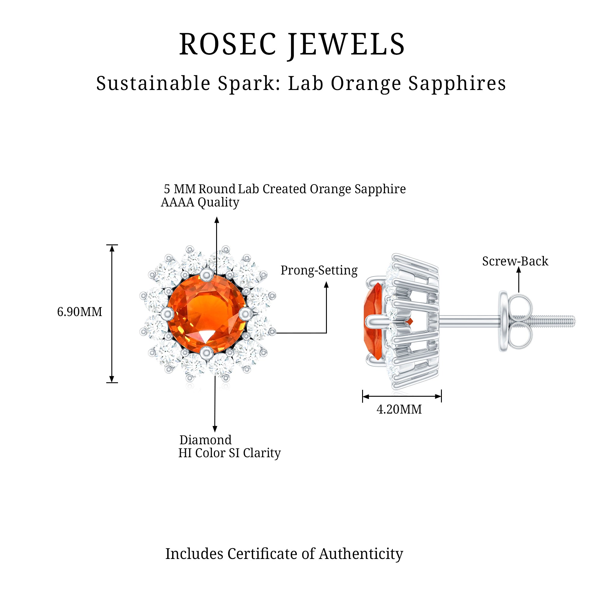 Lab Created Orange Sapphire and Diamond Stud Earrings AAAA - Rosec Jewels