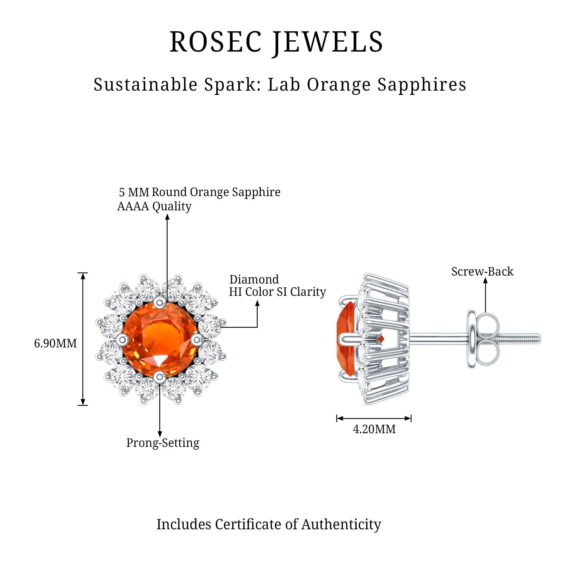 Lab Created Orange Sapphire and Diamond Stud Earrings AAAA - Rosec Jewels