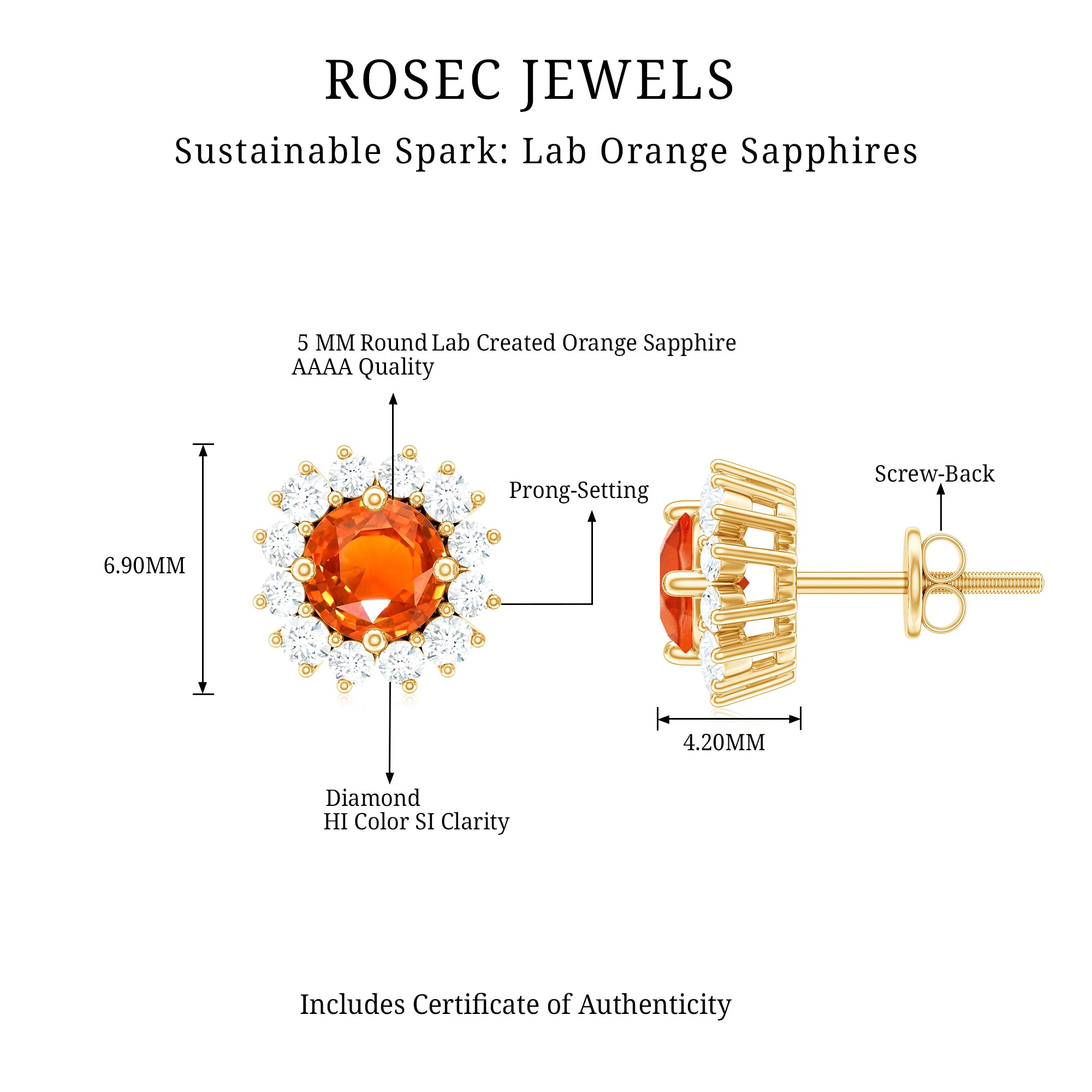 Lab Created Orange Sapphire and Diamond Stud Earrings AAAA - Rosec Jewels