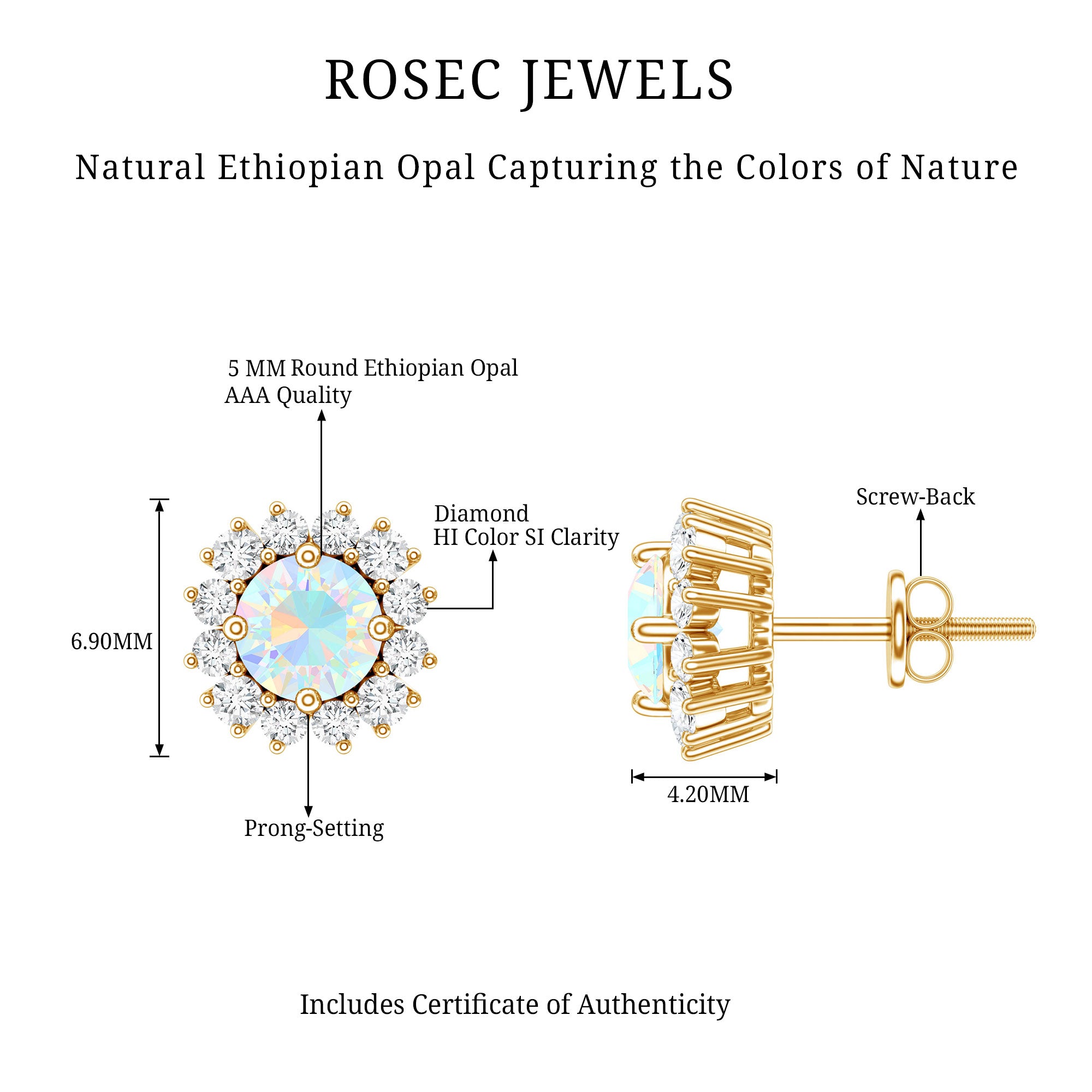 1 CT Ethiopian Opal and Diamond Halo Stud Earrings AAA - Rosec Jewels