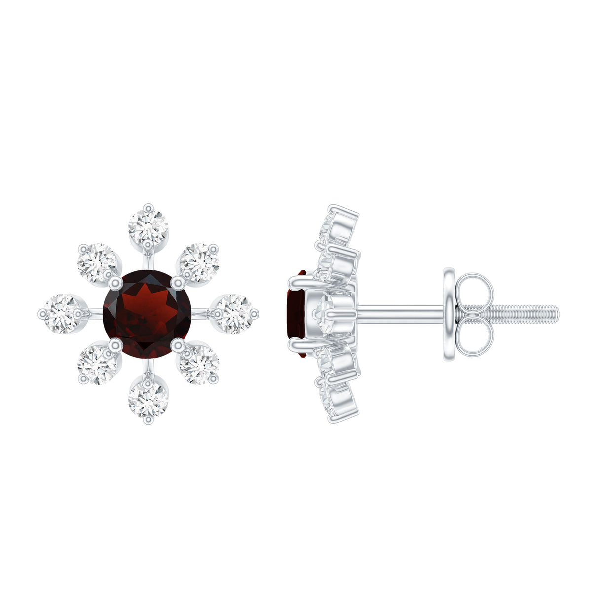 Natural Garnet and Diamond Flower Stud Earrings AAA - Rosec Jewels