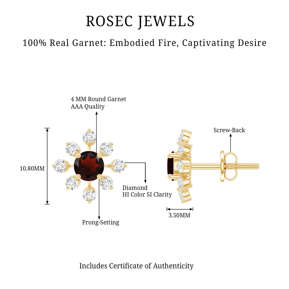 Natural Garnet and Diamond Flower Stud Earrings AAA - Rosec Jewels