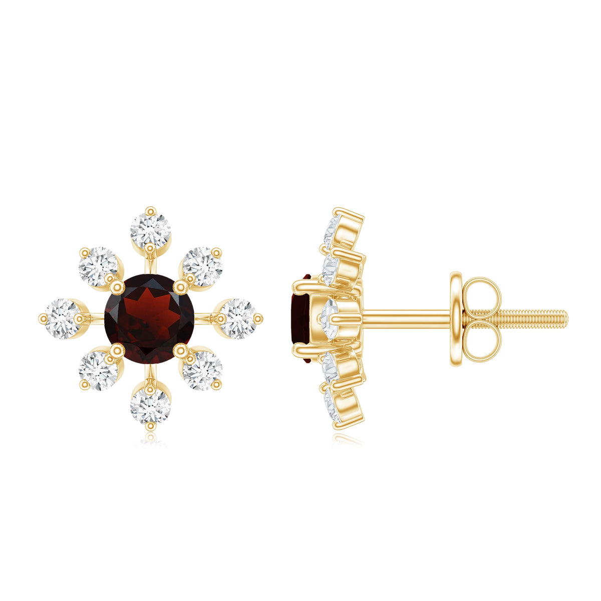 Natural Garnet and Diamond Flower Stud Earrings AAA - Rosec Jewels