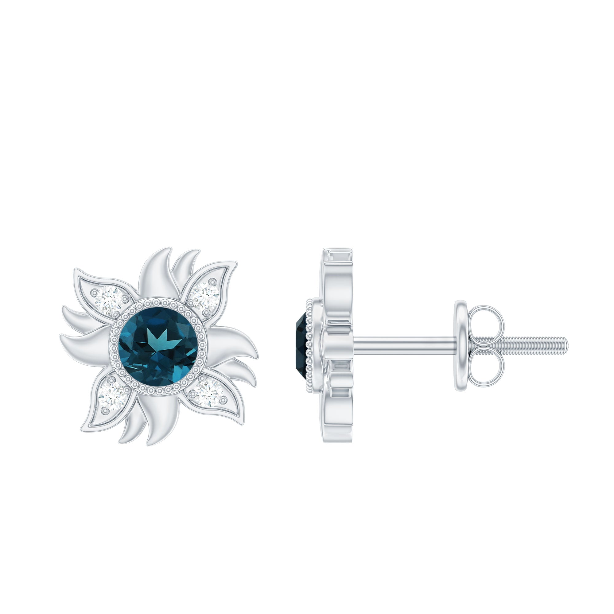 London Blue Topaz and Diamond Sunburst Stud Earrings AAA - Rosec Jewels