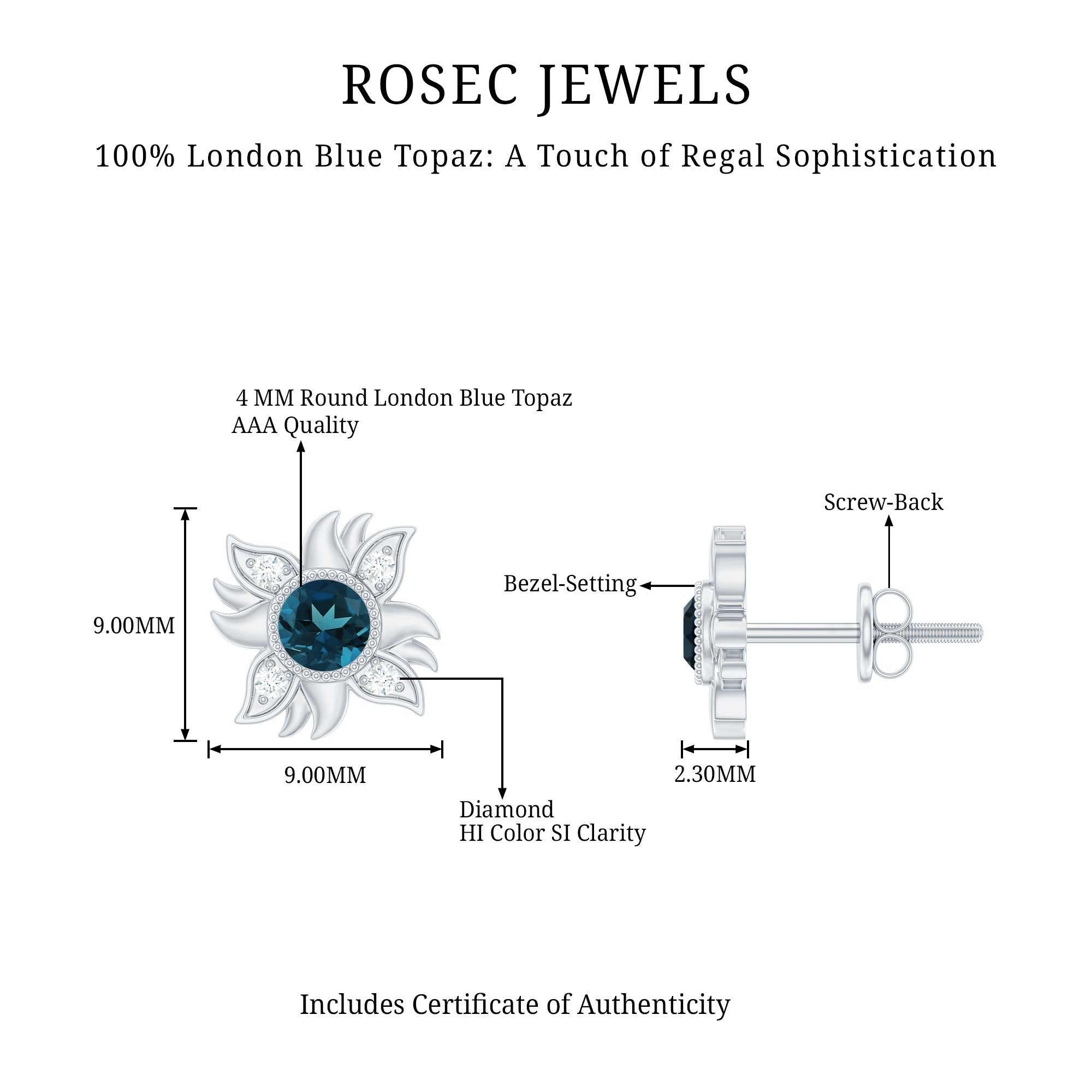London Blue Topaz and Diamond Sunburst Stud Earrings AAA - Rosec Jewels