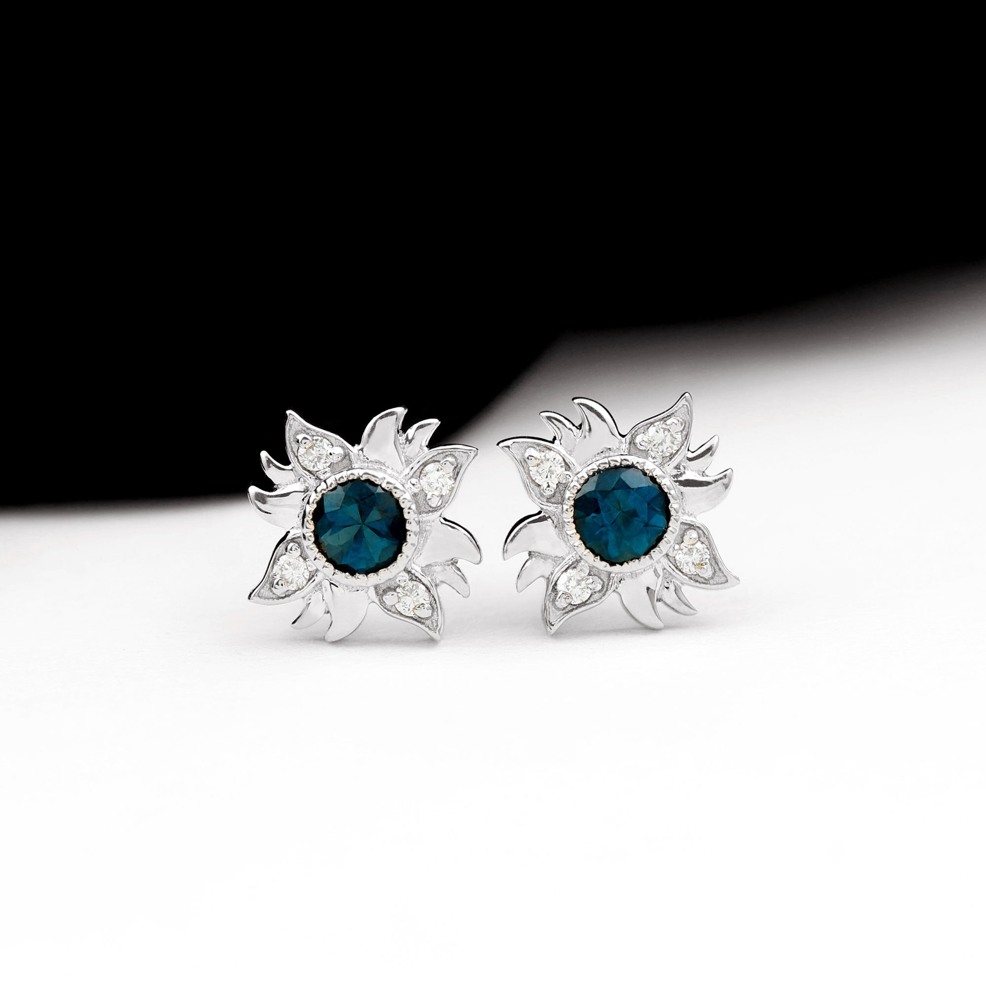 London Blue Topaz and Diamond Sunburst Stud Earrings AAA - Rosec Jewels