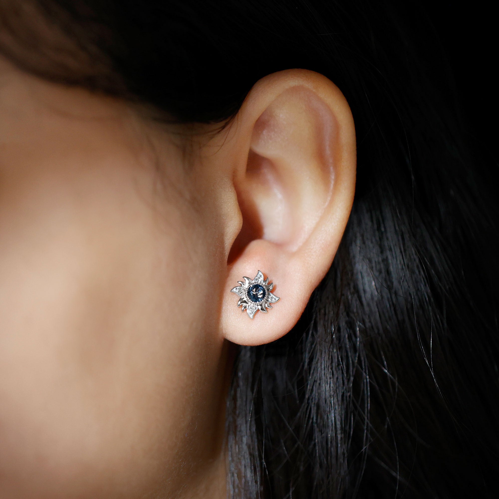 London Blue Topaz and Diamond Sunburst Stud Earrings AAA - Rosec Jewels