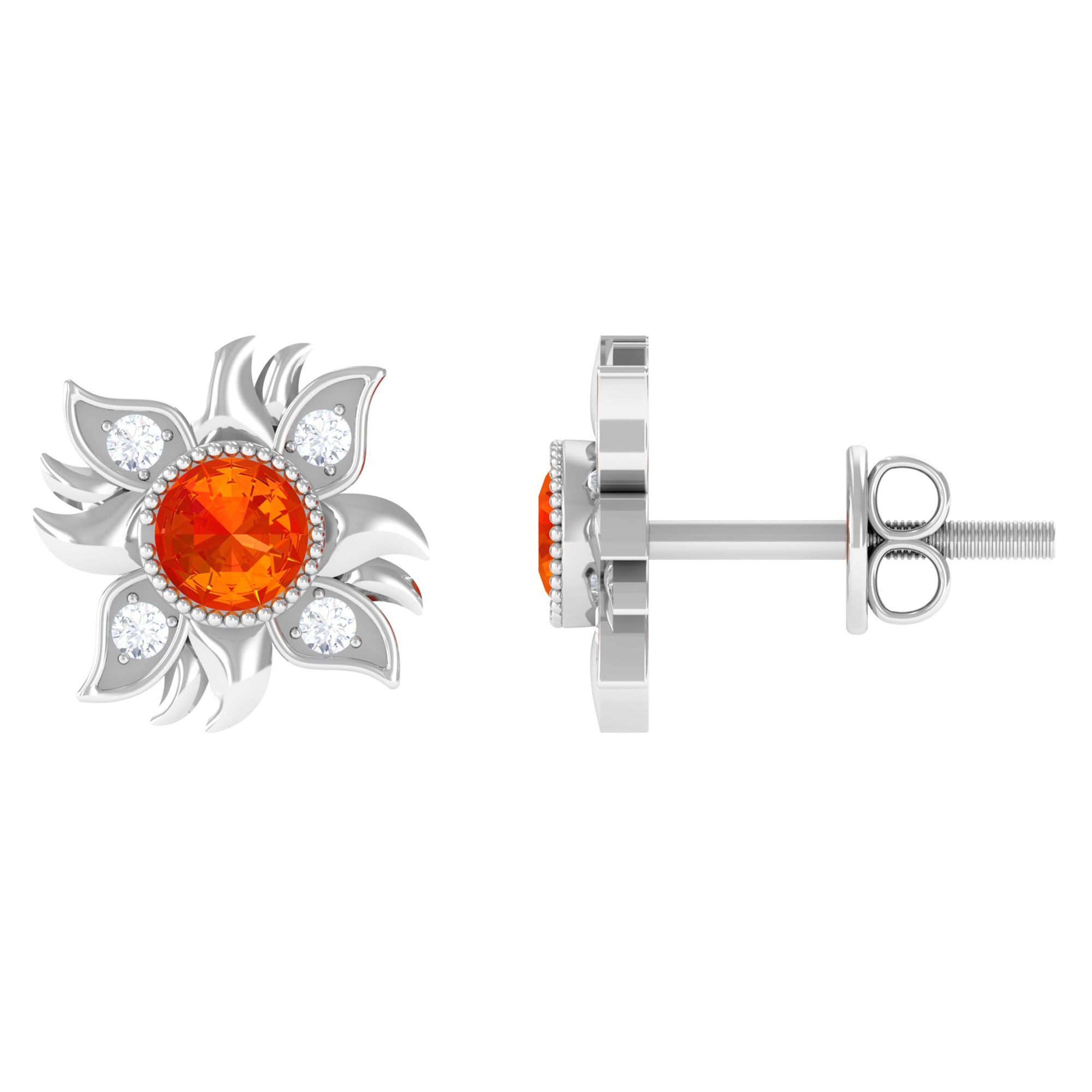 1/2 CT Round Shape Orange Sapphire and Diamond Sunburst Stud Earrings