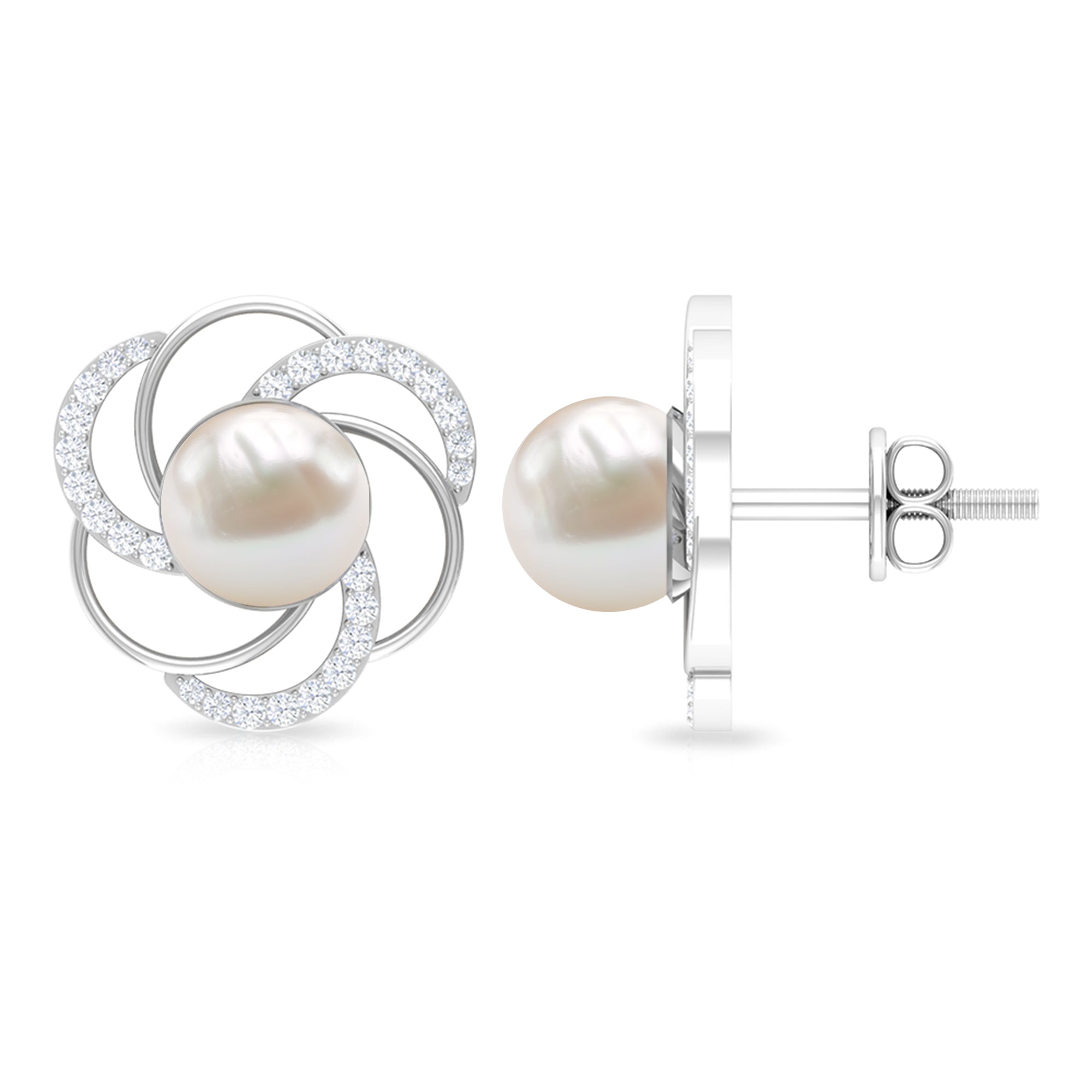Round Freshwater Pearl Big Stud Earrings with Diamonds AAA - Rosec Jewels