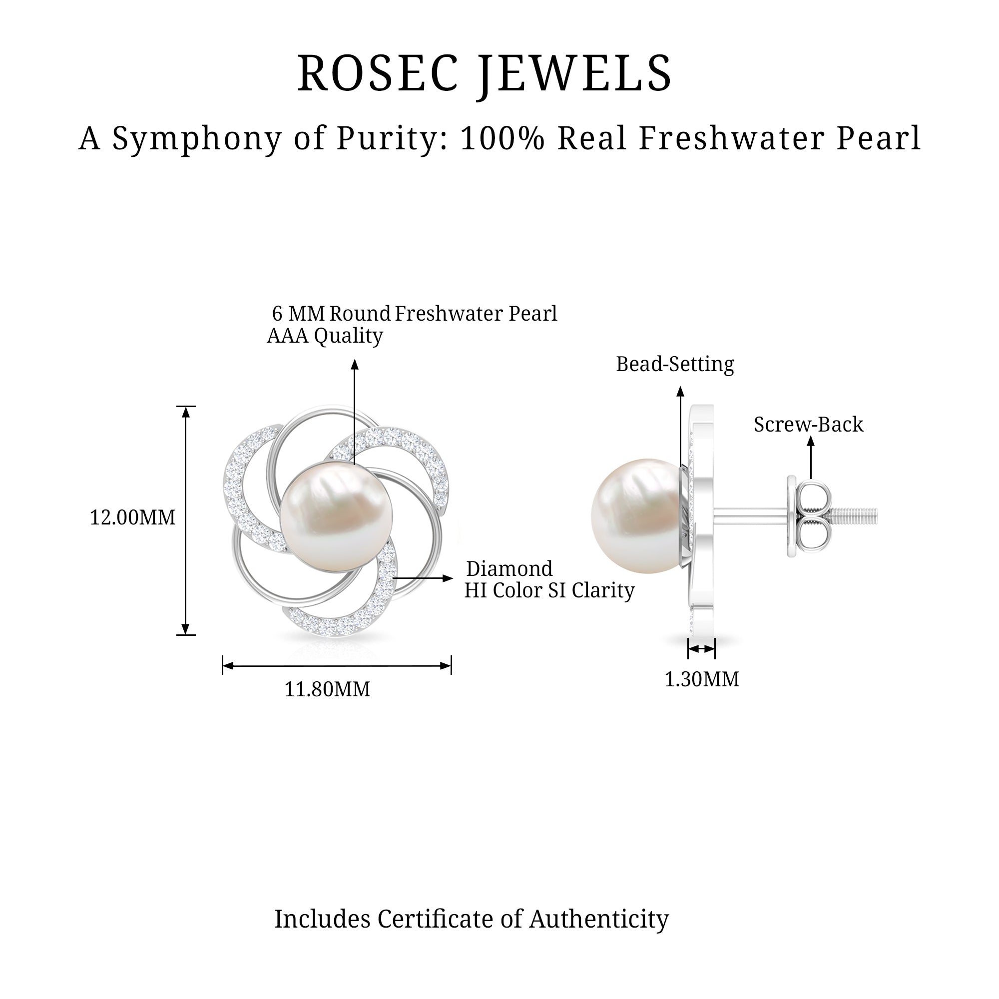 Round Freshwater Pearl Big Stud Earrings with Diamonds AAA - Rosec Jewels
