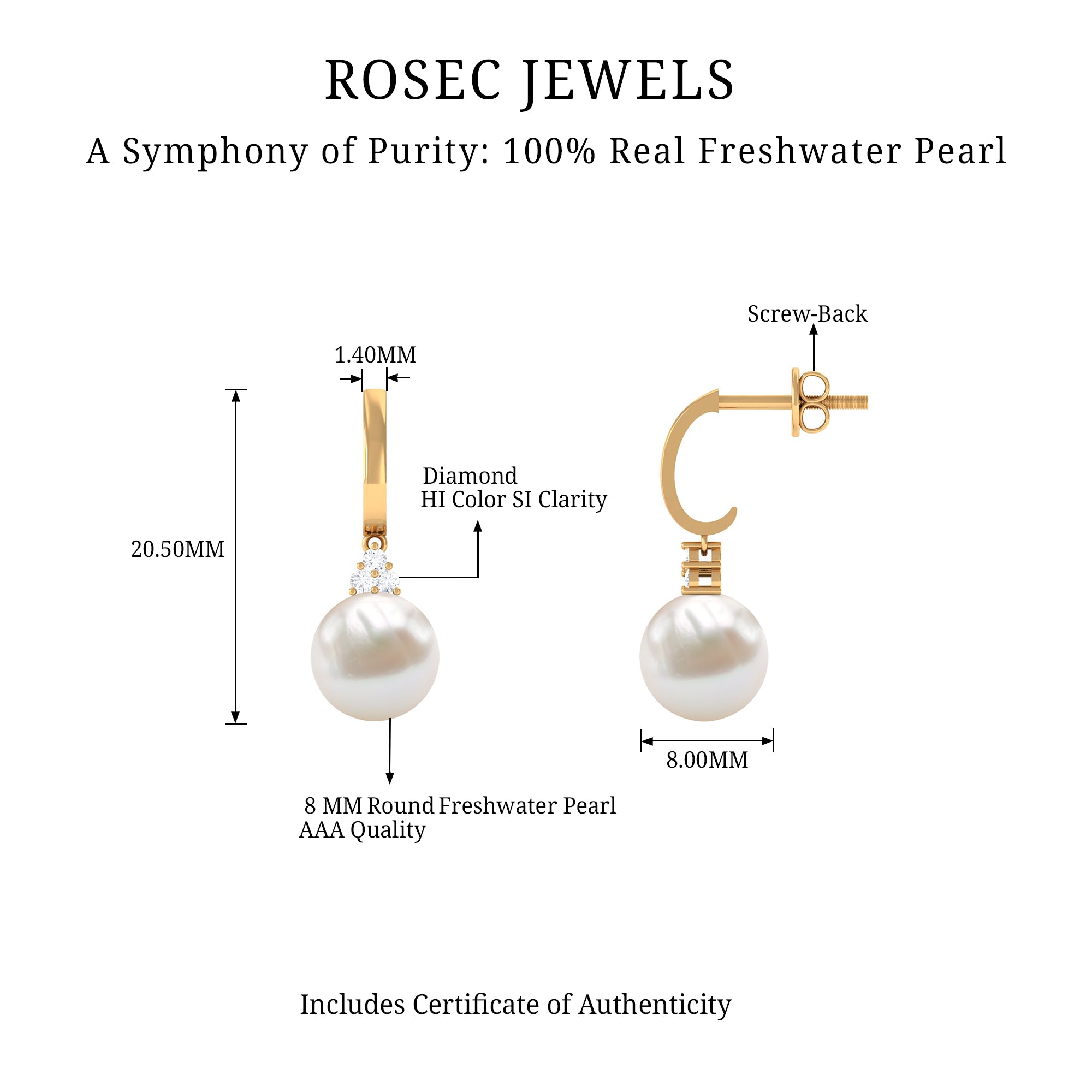 Round Freshwater Pearl and Diamond Hoop Drop Earrings AAA - Rosec Jewels