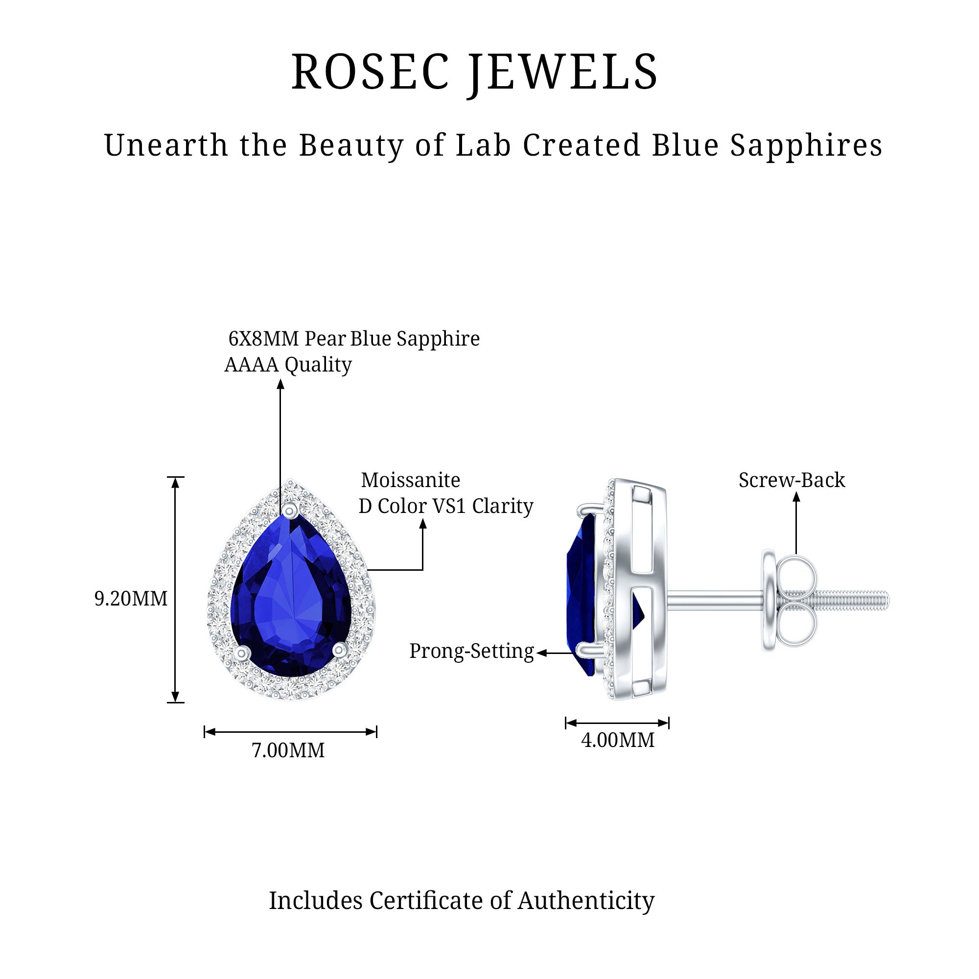 Lab Grown Blue Sapphire Teardrop Stud Earrings With Diamond Halo AAAA - Rosec Jewels
