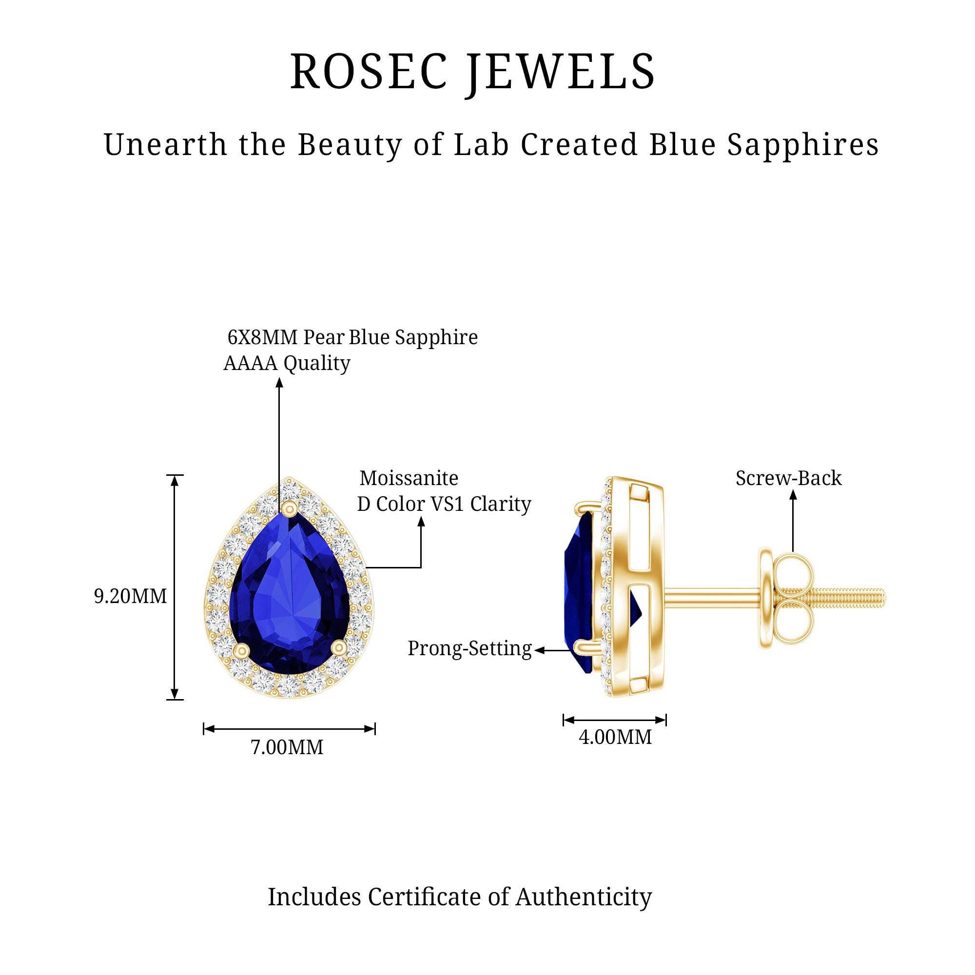 Lab Grown Blue Sapphire Teardrop Stud Earrings With Diamond Halo AAAA - Rosec Jewels