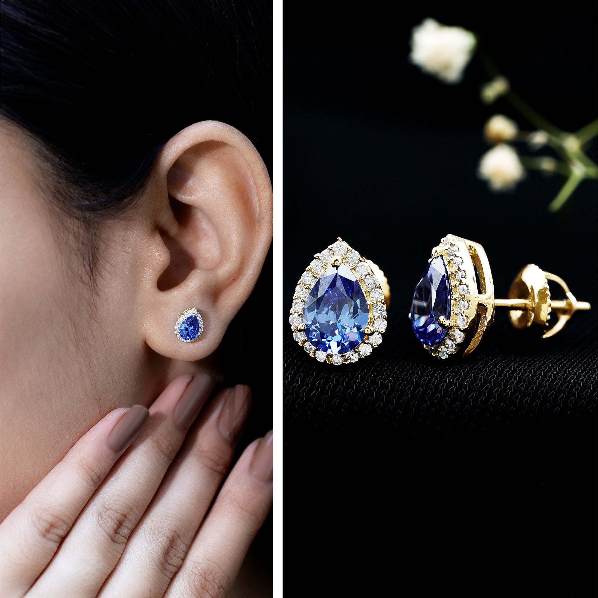 Lab Grown Blue Sapphire Teardrop Stud Earrings With Diamond Halo AAAA - Rosec Jewels
