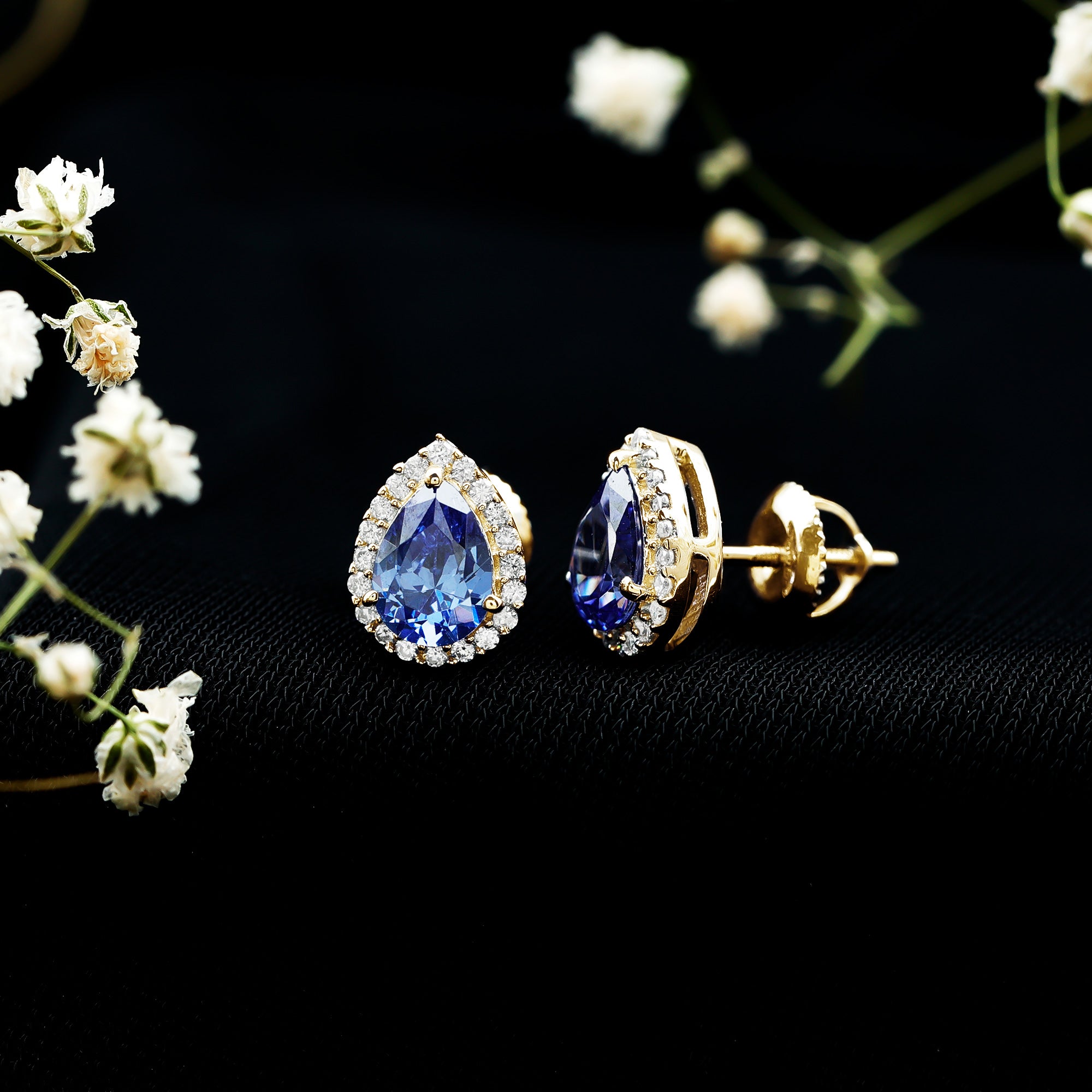 Lab Grown Blue Sapphire Teardrop Stud Earrings With Diamond Halo AAAA - Rosec Jewels