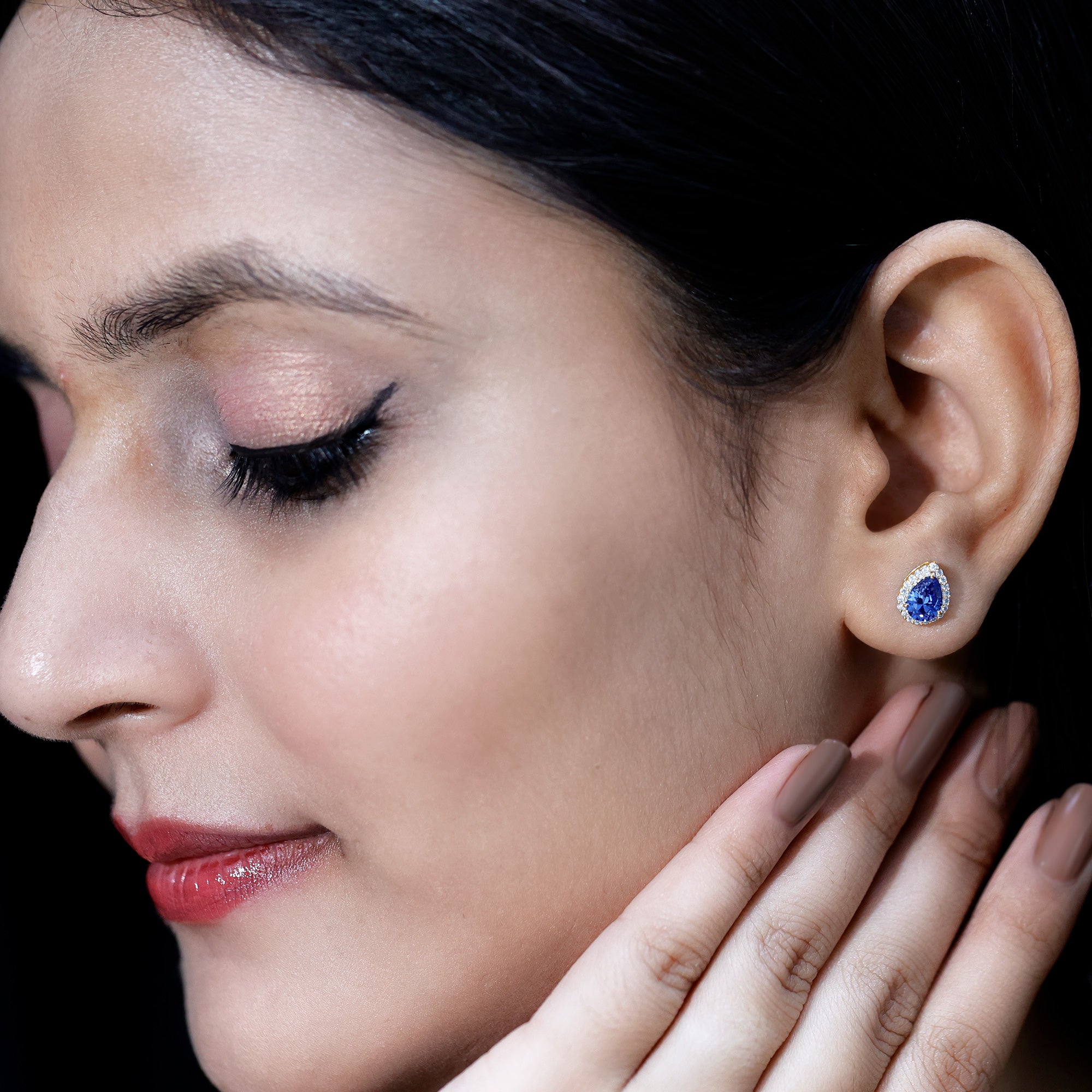 Lab Grown Blue Sapphire Teardrop Stud Earrings With Diamond Halo AAAA - Rosec Jewels