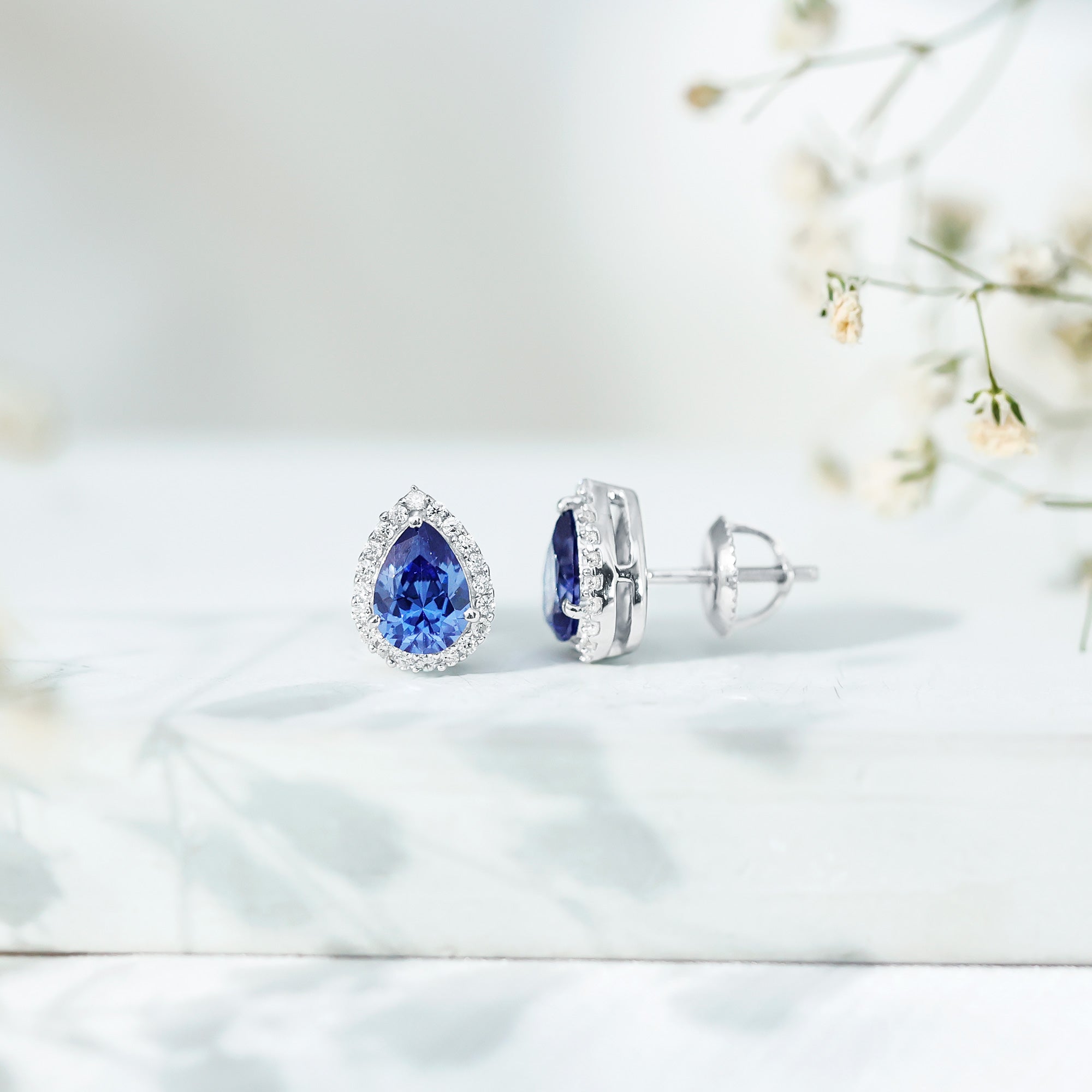 Lab Grown Blue Sapphire Teardrop Stud Earrings With Diamond Halo AAAA - Rosec Jewels