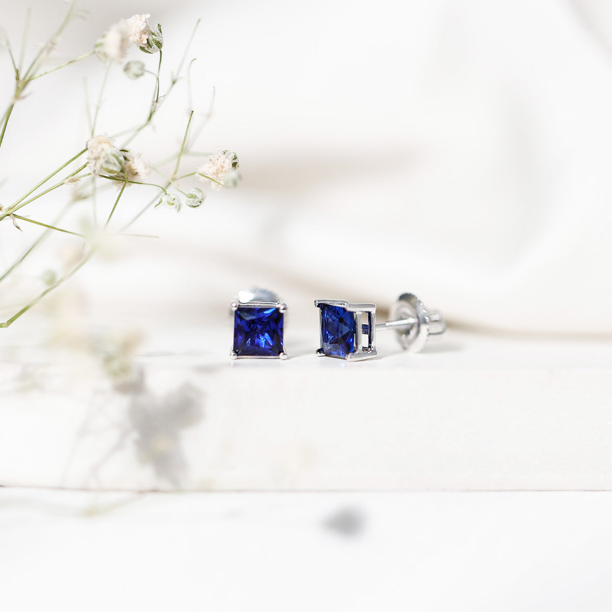 1.4 Carat Princess Cut Lab Created Blue Sapphire Solitaire Stud Earrings AAAA - Rosec Jewels