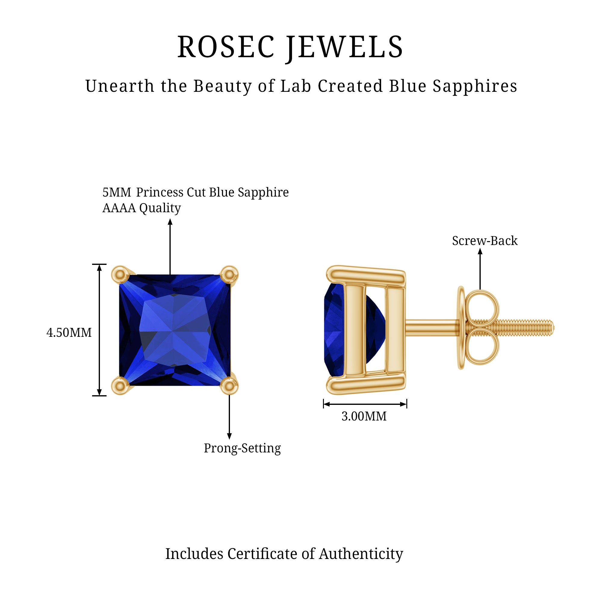 1.5 CT Princess Cut Lab Created Blue Sapphire Solitaire Stud Earrings AAAA - Rosec Jewels