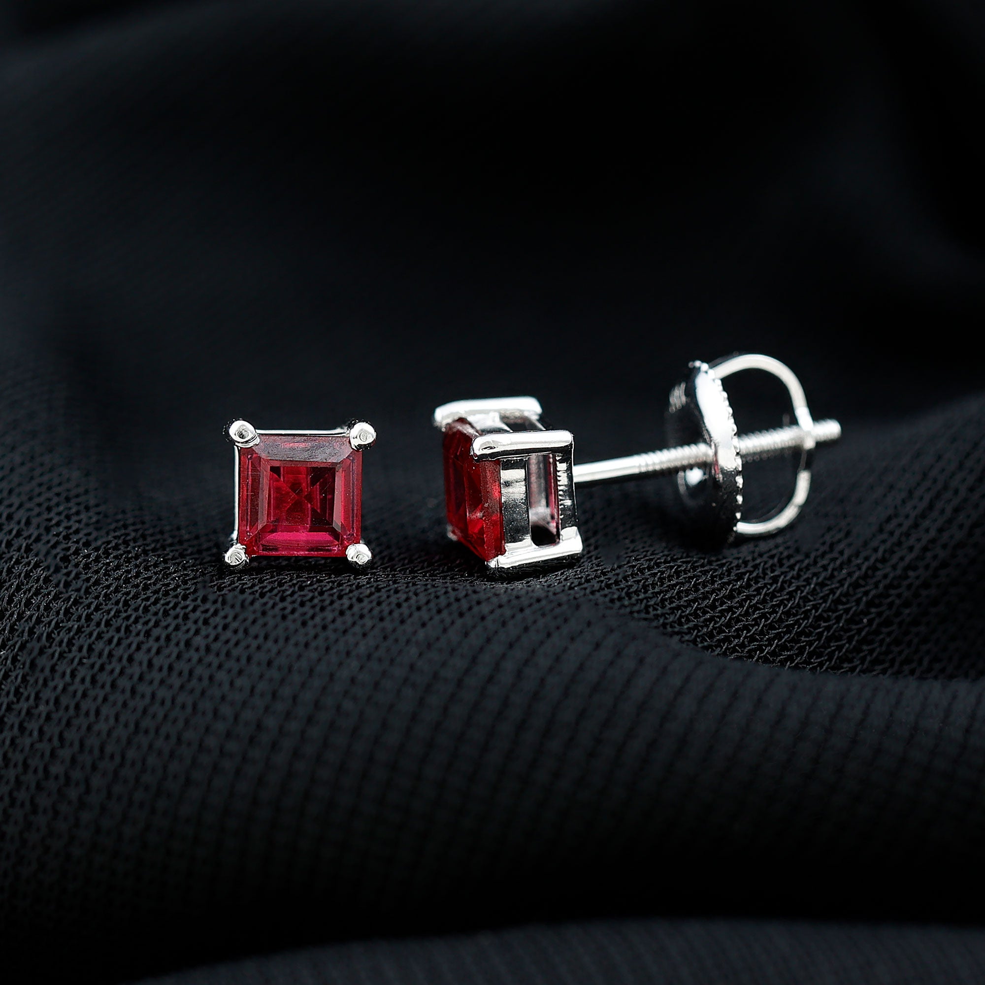 3 Carat Princess Cut Lab Created Ruby Solitaire Stud Earrings AAAA - Rosec Jewels