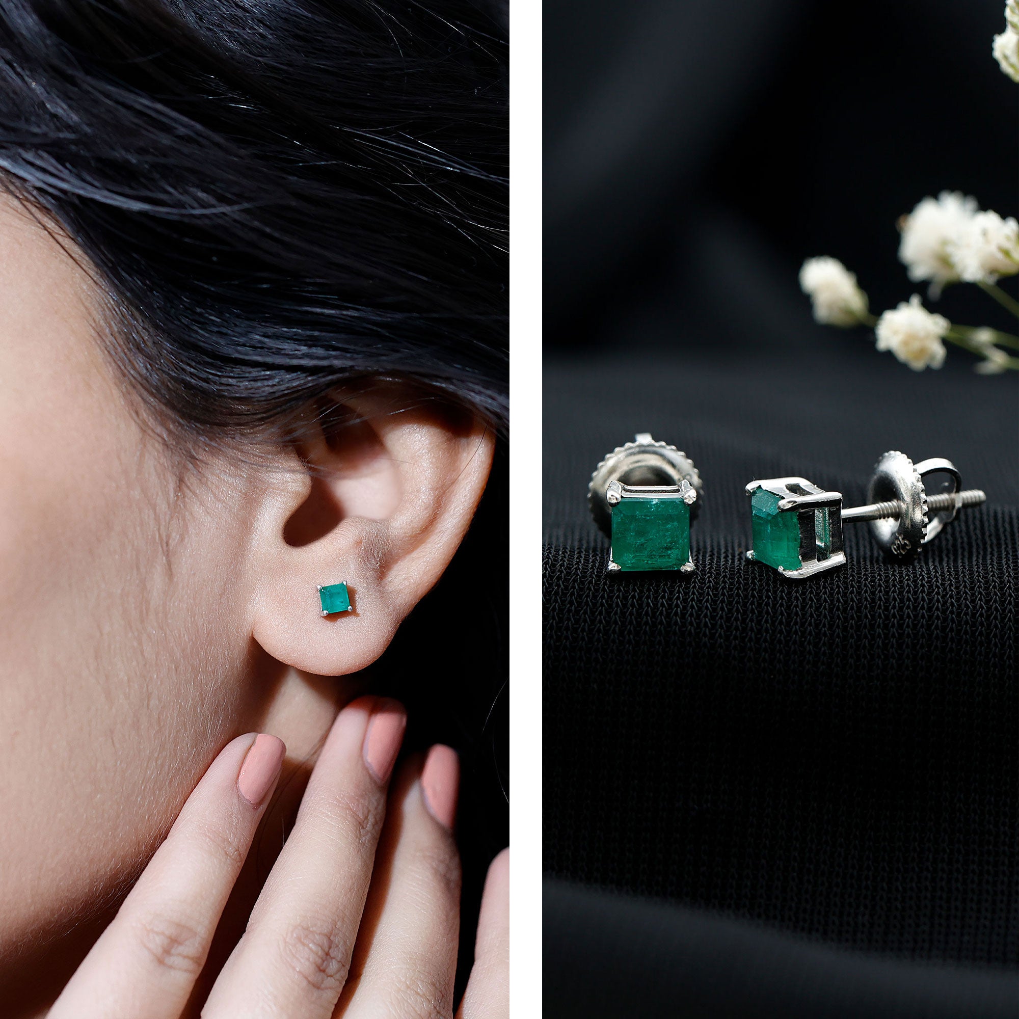 Princess Cut Natural Emerald Solitaire Stud Earrings AAA - Rosec Jewels
