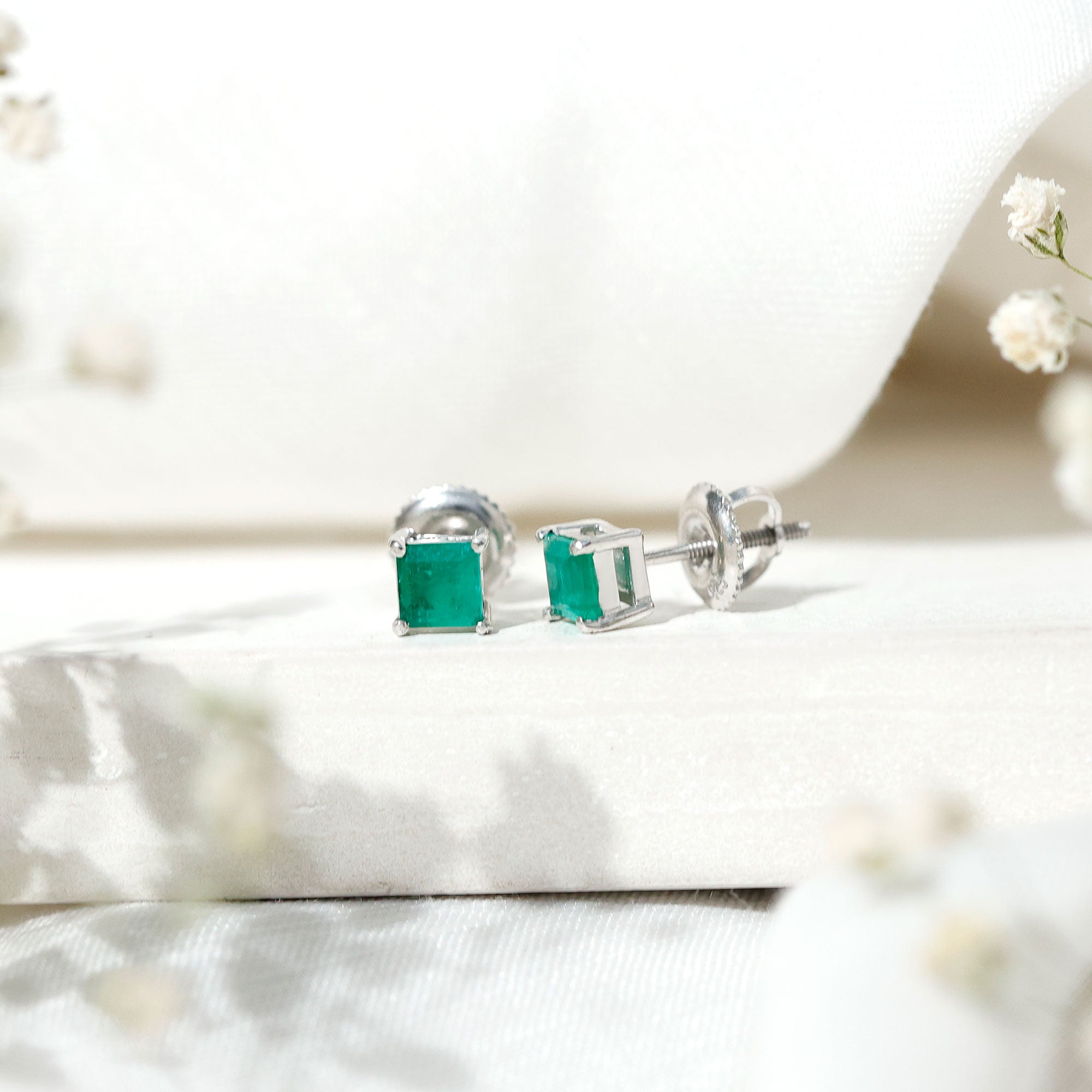Princess Cut Natural Emerald Solitaire Stud Earrings AAA - Rosec Jewels