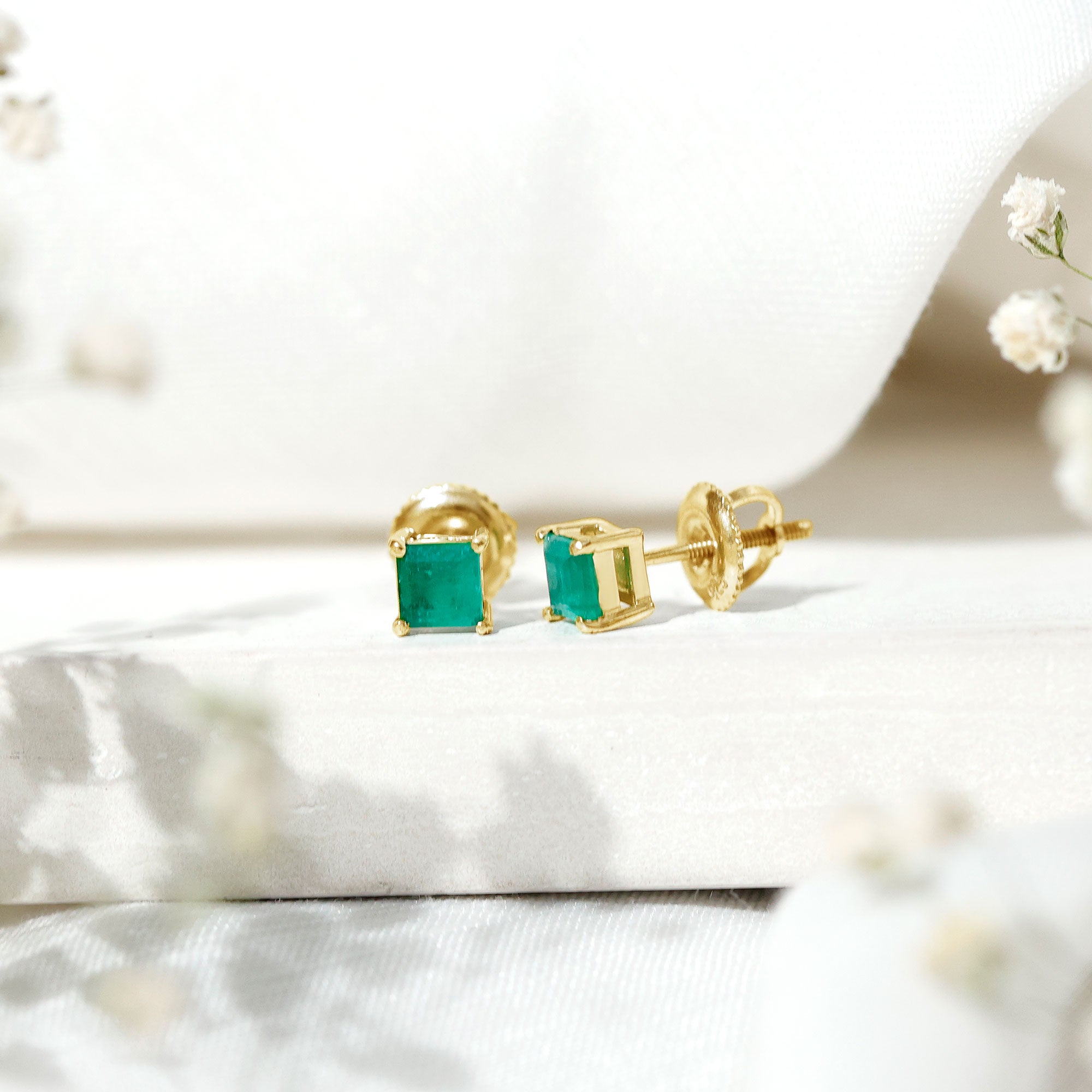 Princess Cut Natural Emerald Solitaire Stud Earrings AAA - Rosec Jewels