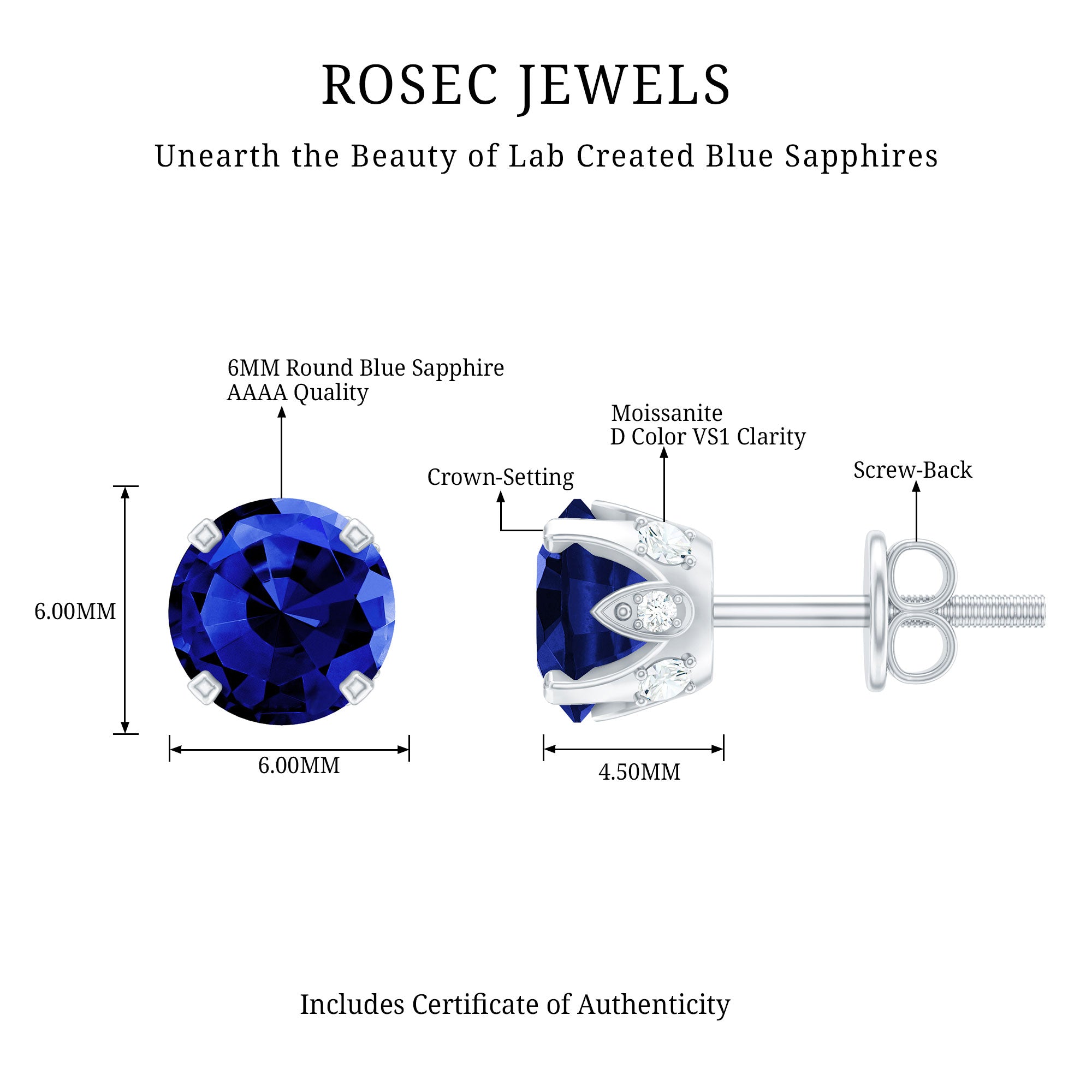 Lab Grown Blue Sapphire Vintage Stud Earrings with Certificate AAAA - Rosec Jewels